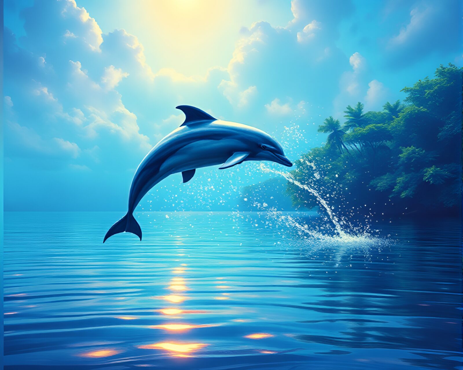 Vibrant ultraviolet shine illuminates a magical dolphin swimming gracefully