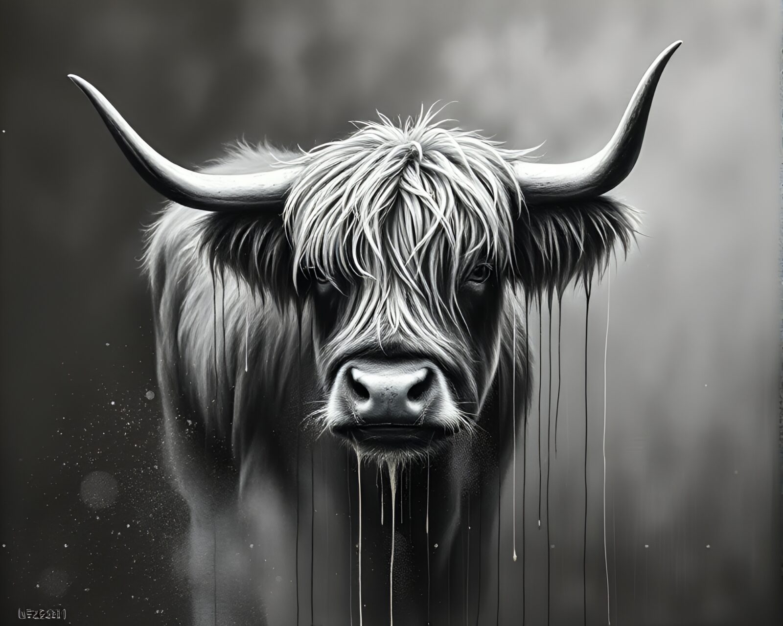 Majestic highland cow in monochrome amidst colorful drips