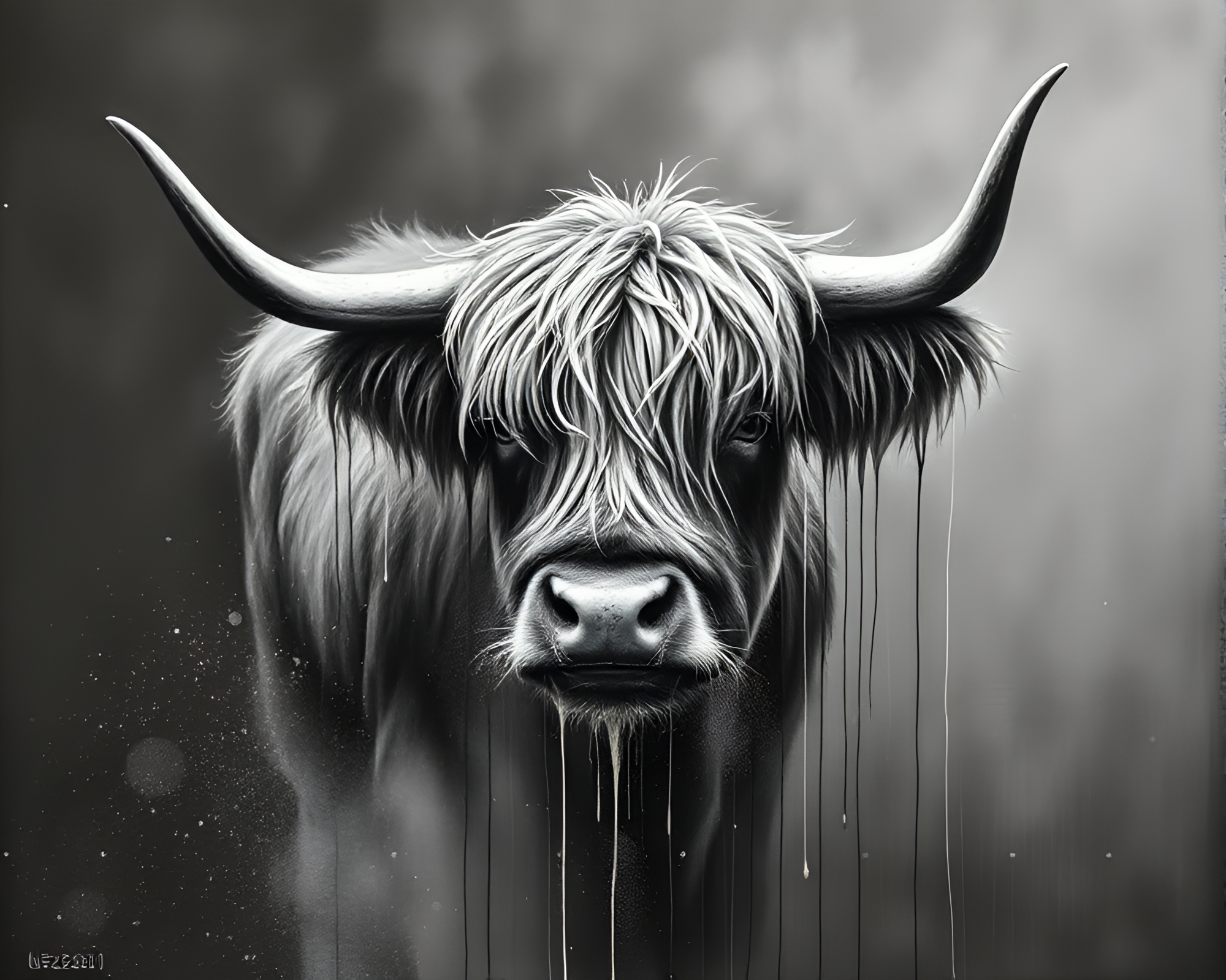 Grisaille Highland Cow Amid Spray Paint Drips – free AI stock image