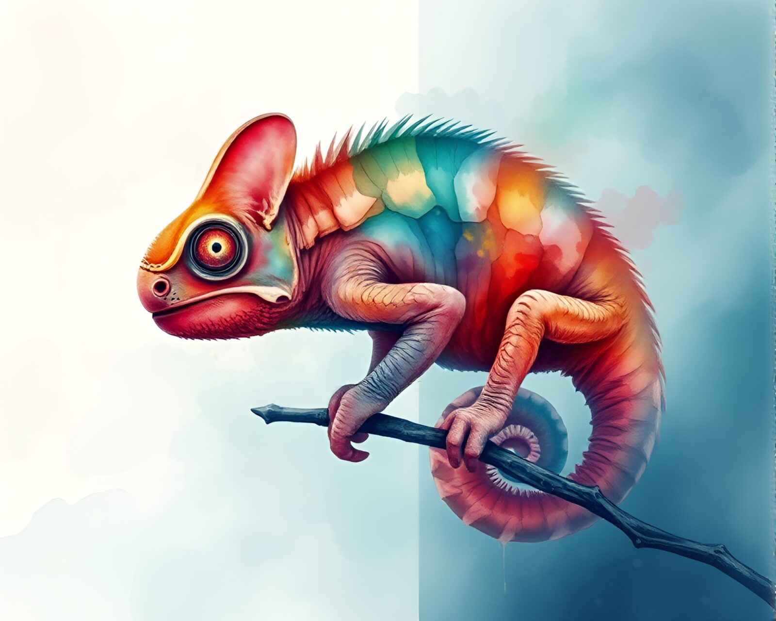 Color-changing chameleon in intricate watercolor algorithmic art