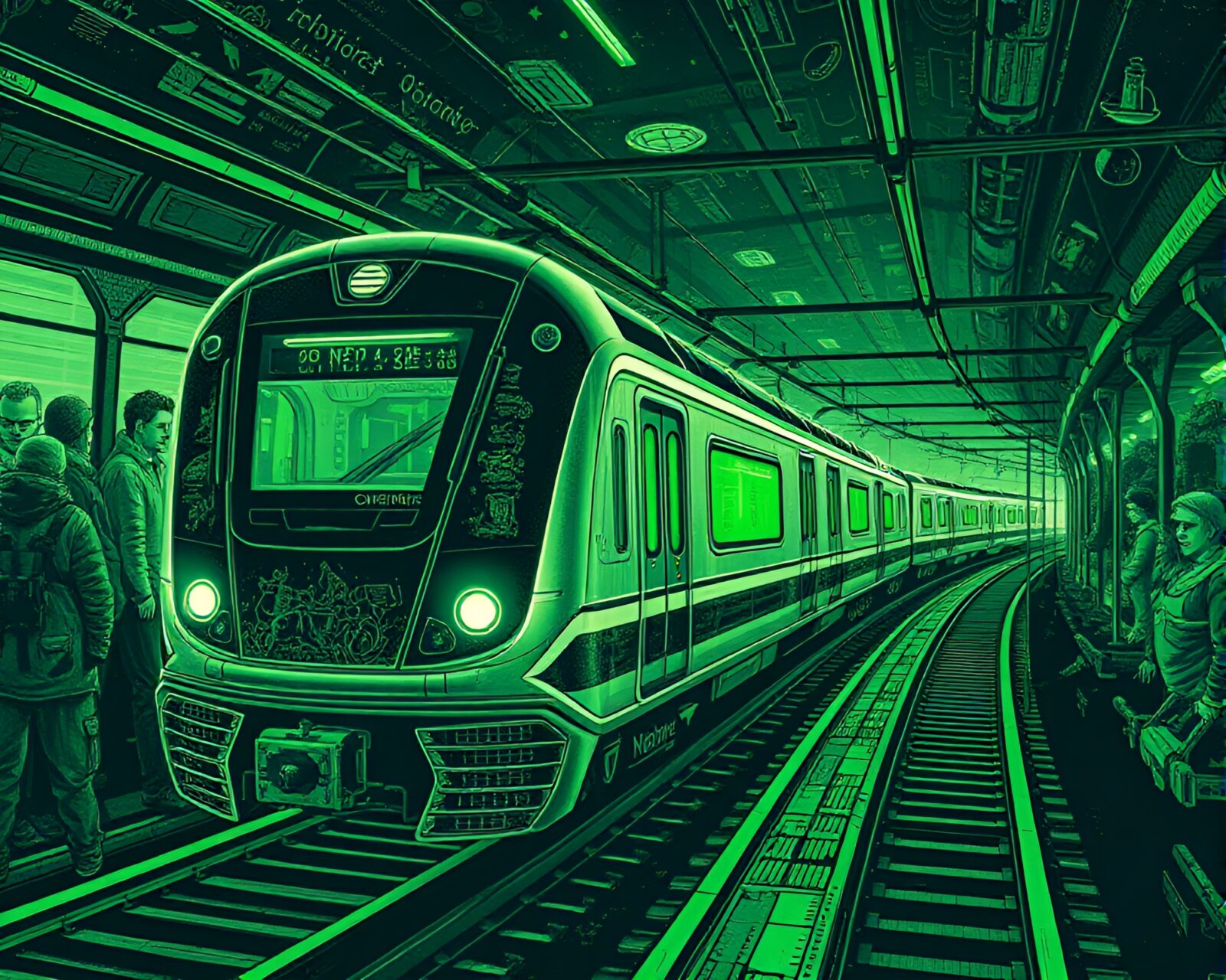Illustration of a high-speed train with futuristic elements and green lighting