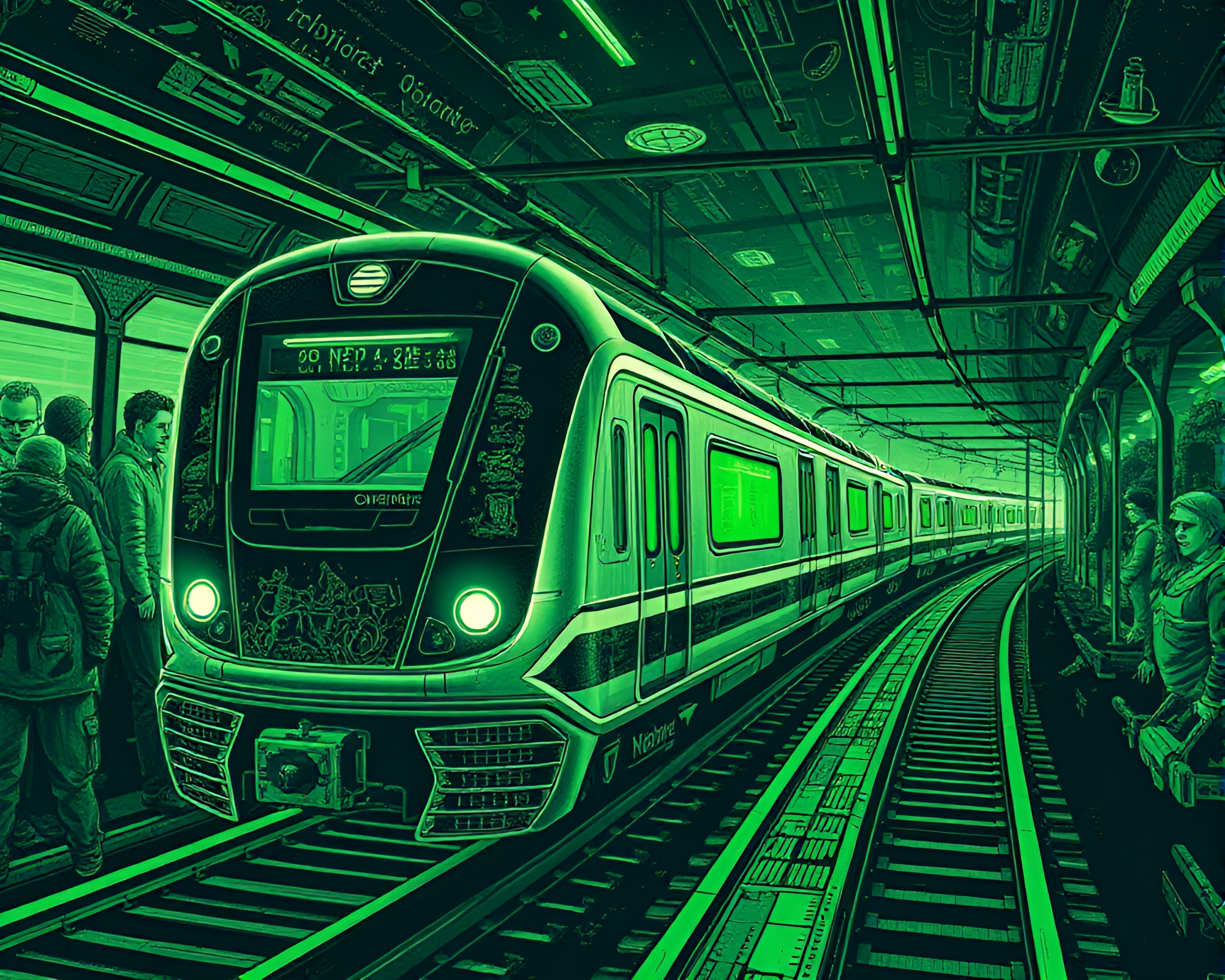 Futuristic Train Journey with Emerald Green Highlights – free AI stock image