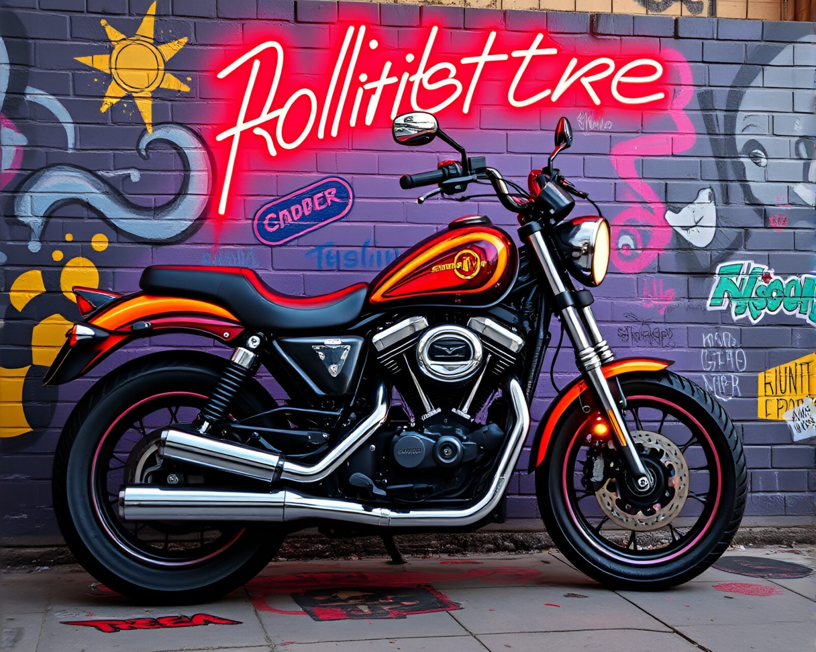 Vibrant comic book style mural graffiti with neon motorcycle.