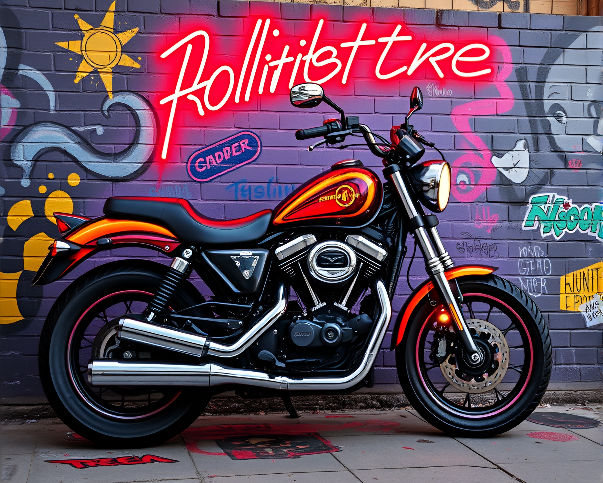 Neon Motorcycle Comic Graffiti Mural – free AI stock image