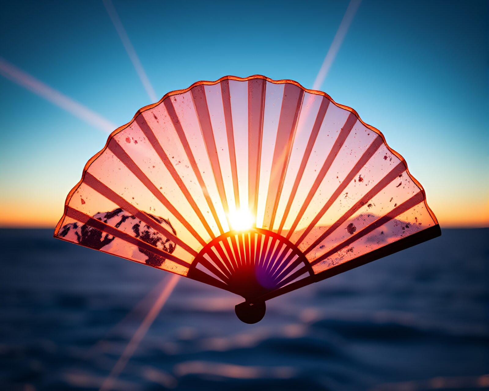 Digital glitch art of fan shining in twilight sky