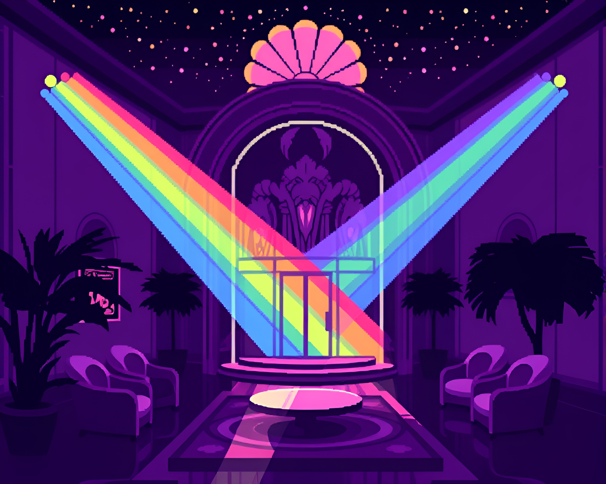 Rainbow Refraction in Amethyst Art Deco 8-Bit Hotel – free AI stock image