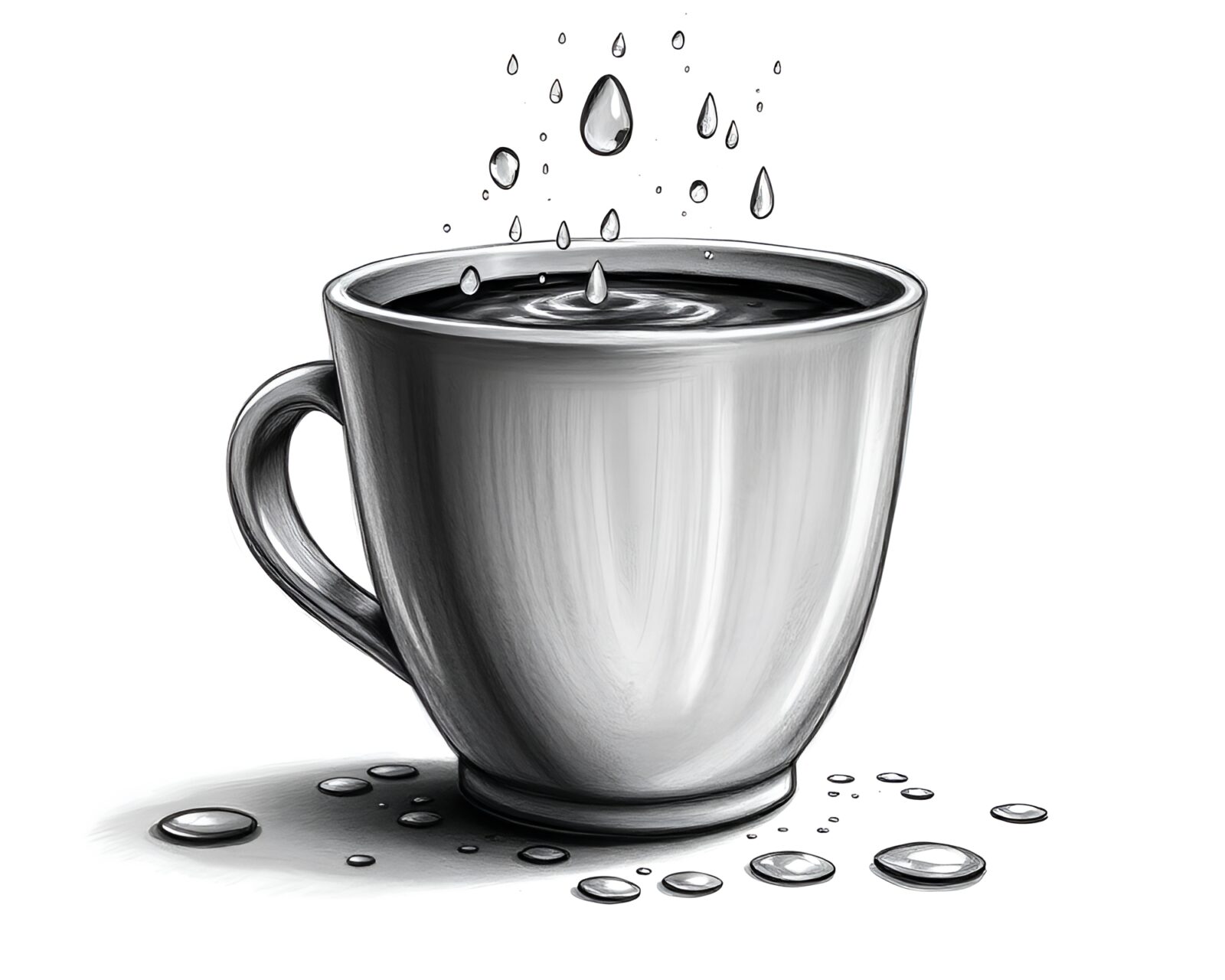 Graphite gray coffee cup with rain droplets in blueprint art