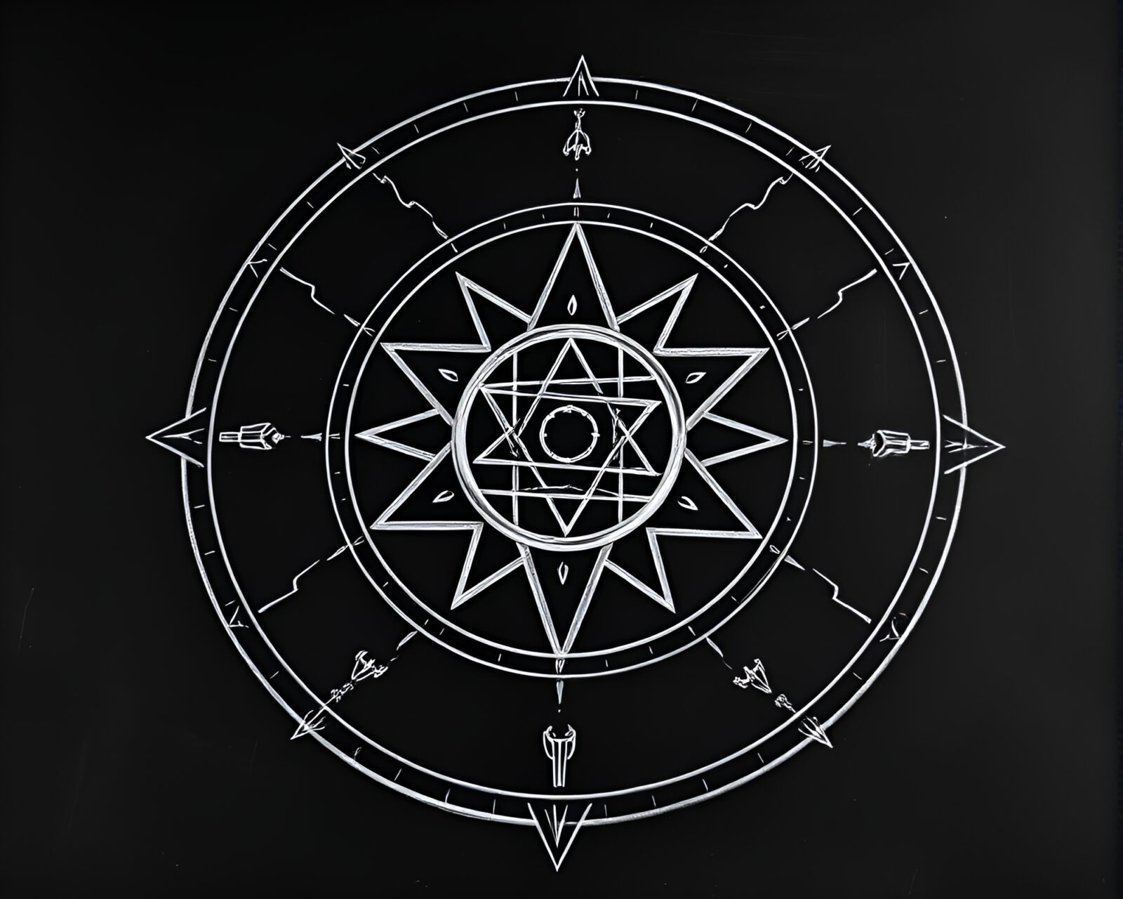 Intricate sigil drawn on high-contrast noir chalkboard