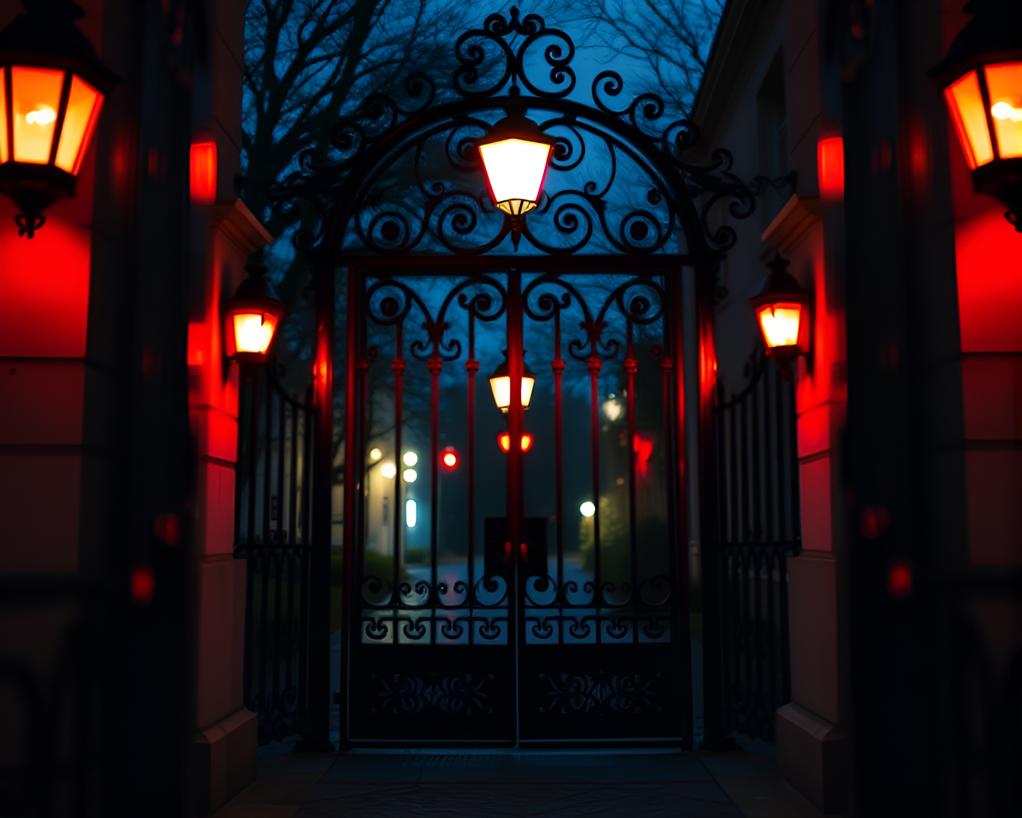 Wrought Iron Gate Under Ruby Red Lighting – free AI stock image