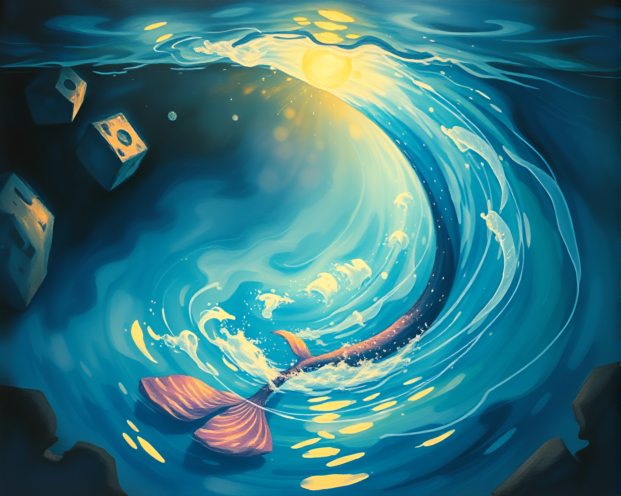 Enchanting Mermaid in Water Whirlpool Gouache Painting – free AI stock image