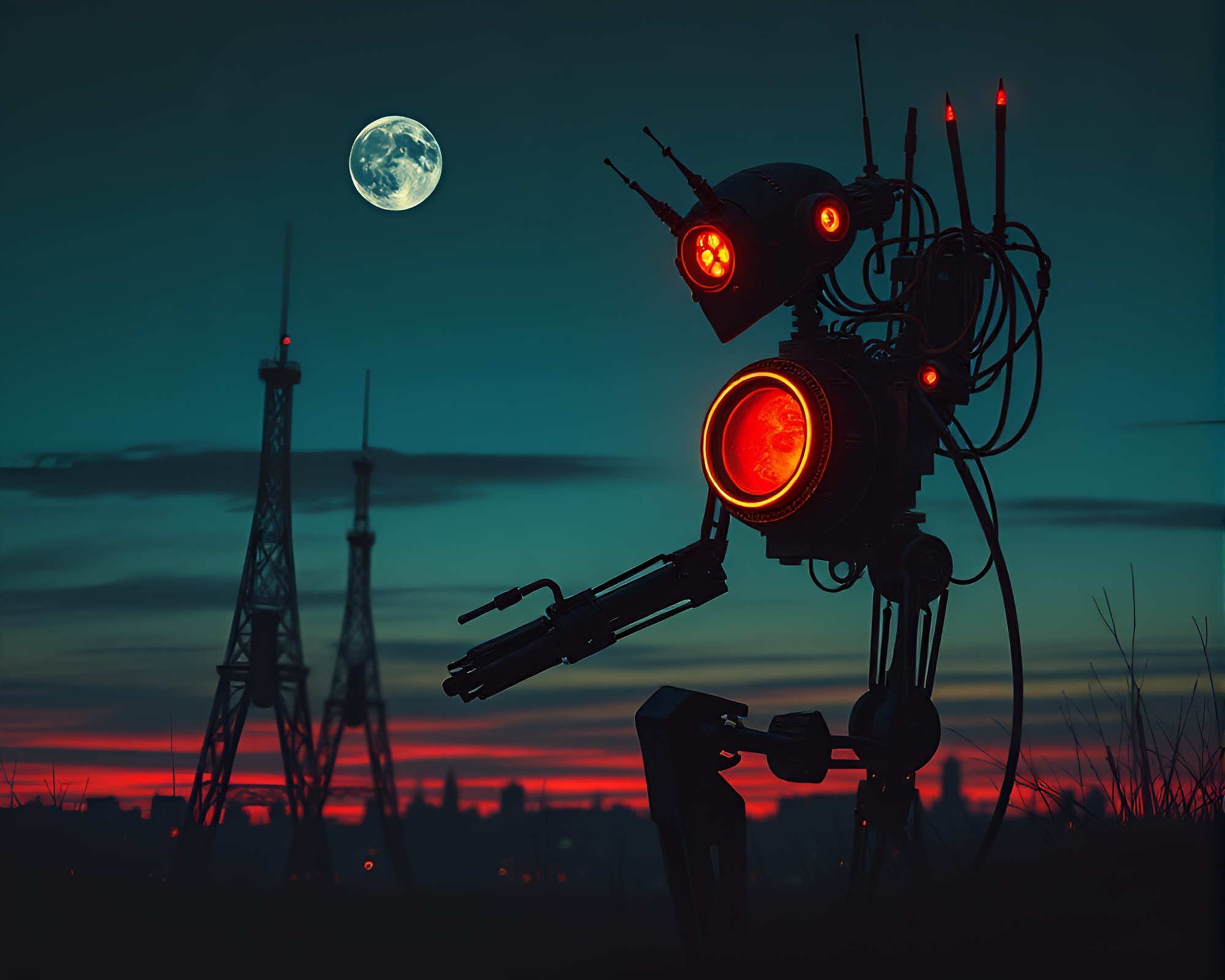 Steampunk Robot in Dusk Twilight Negative Space Composition – free AI stock image