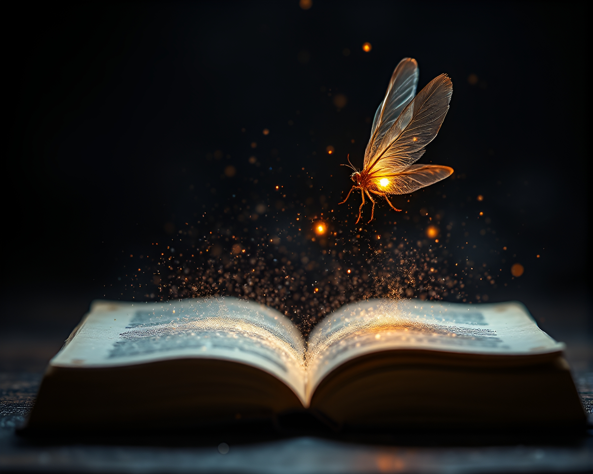 Enchanted Book with Feather Dusting and Firefly Luminescence – free AI stock image