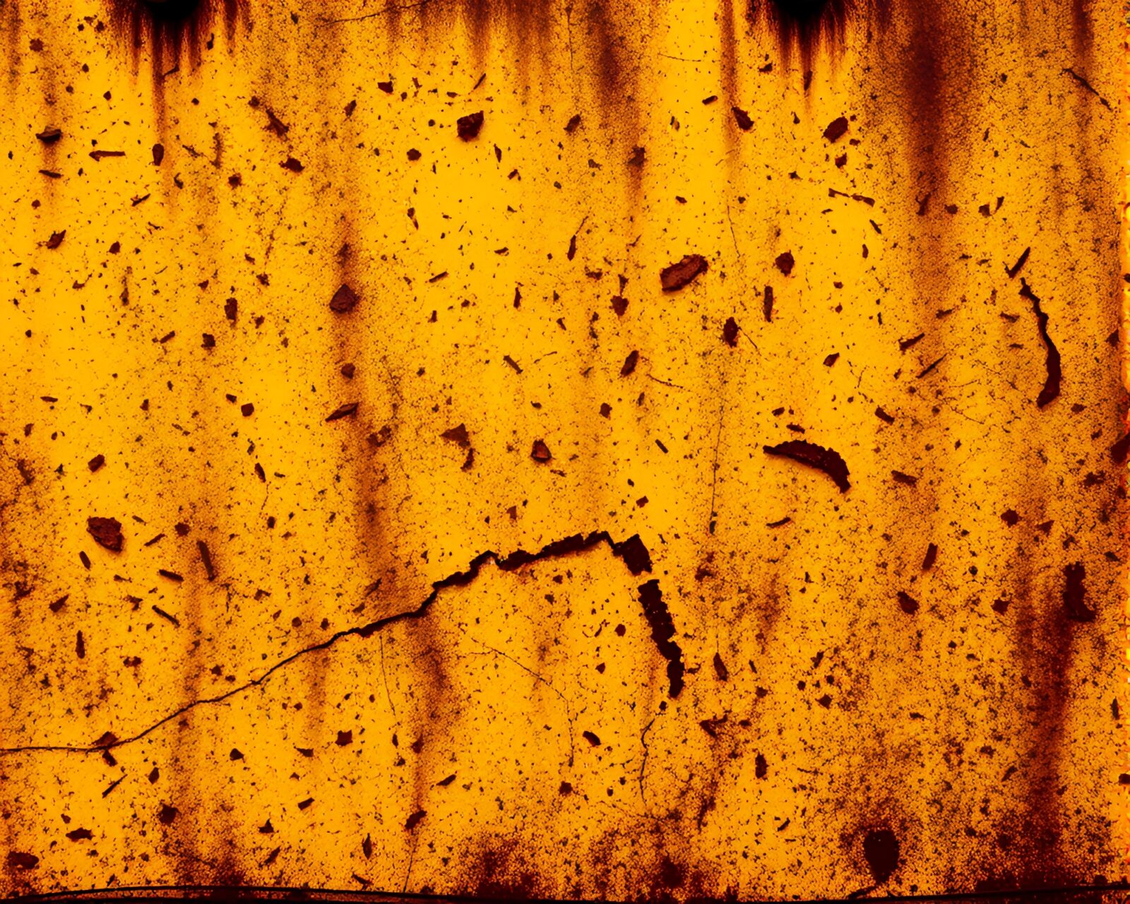 Faded yellow train carriage covered in rust flakes and shadows