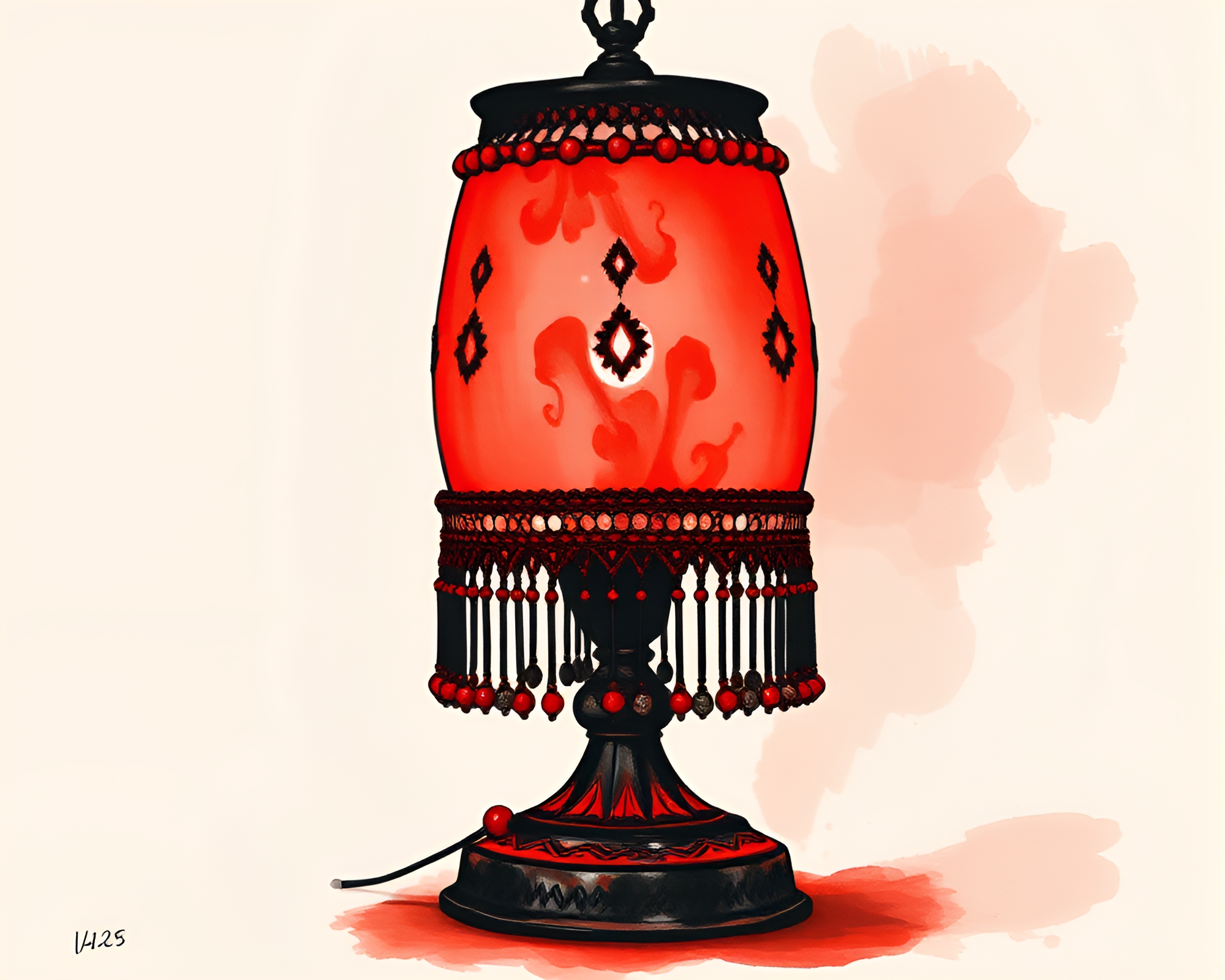 Brick Red Lampshade Illuminated by Beadwork Accents – free AI stock image