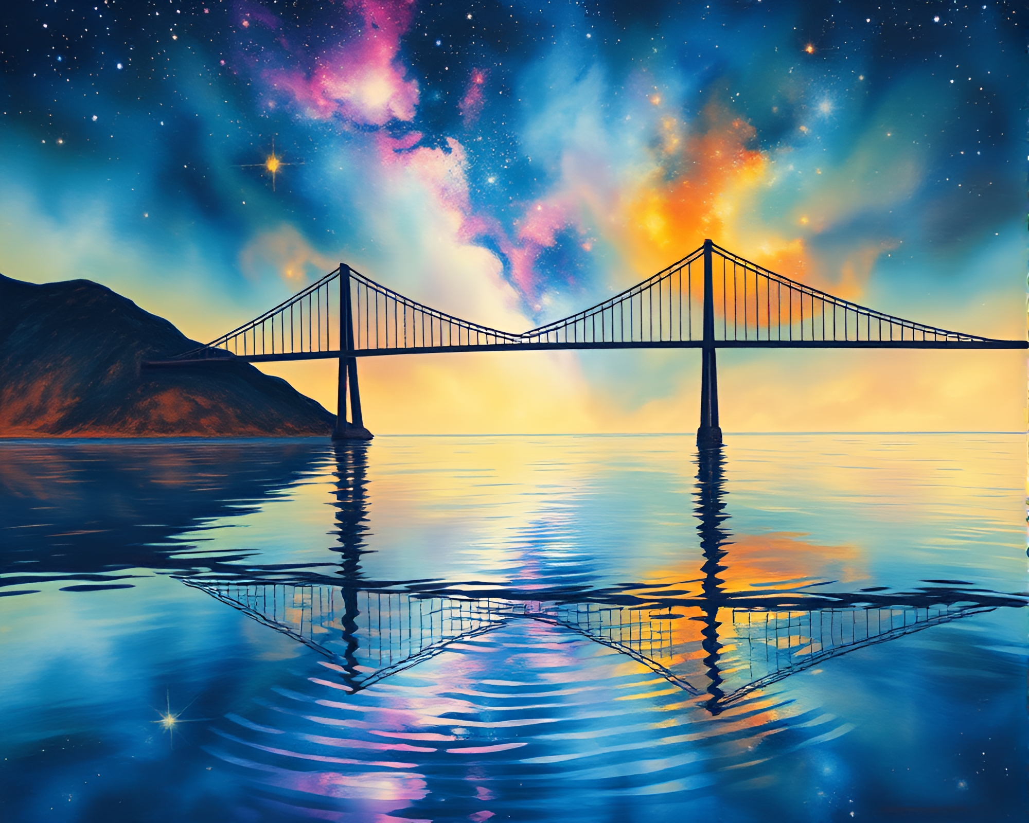 Galactic Suspension Bridge Reflection – free AI stock image