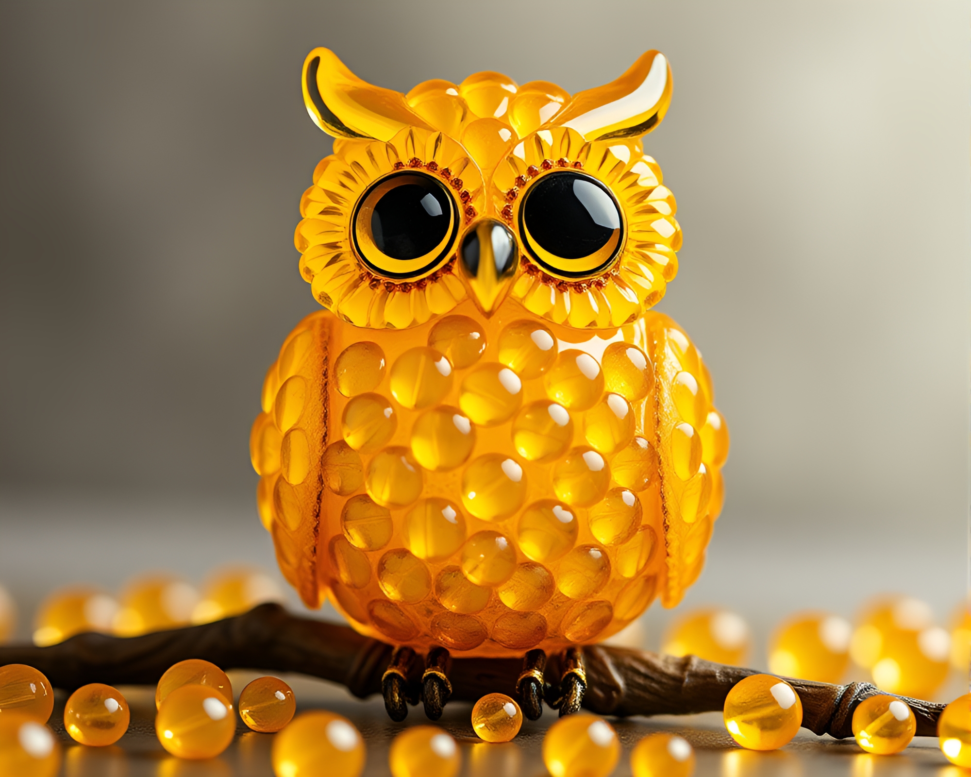 Owl Perched on Wet Glass Beads: Mustard Yellow Pop – free AI stock image