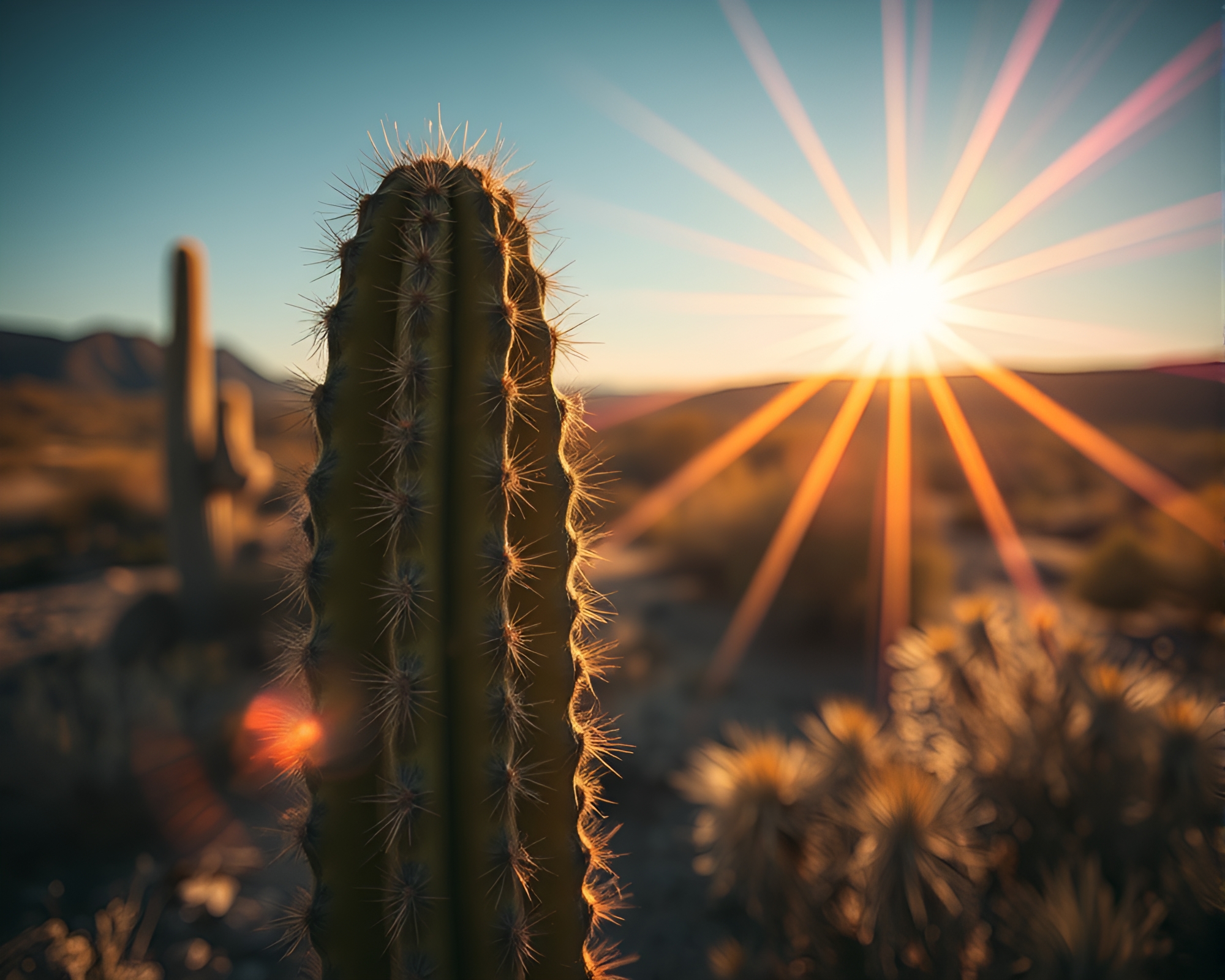 Vibrant Starburst Desert Sunset over Cacti Landscape – free AI stock image