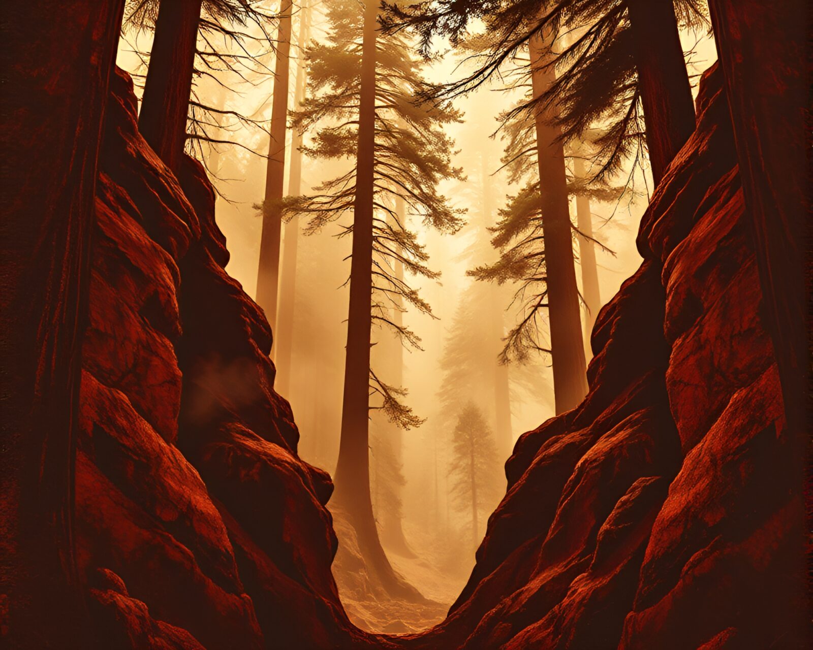 Stunning stencil art of a redwood tree in a canyon
