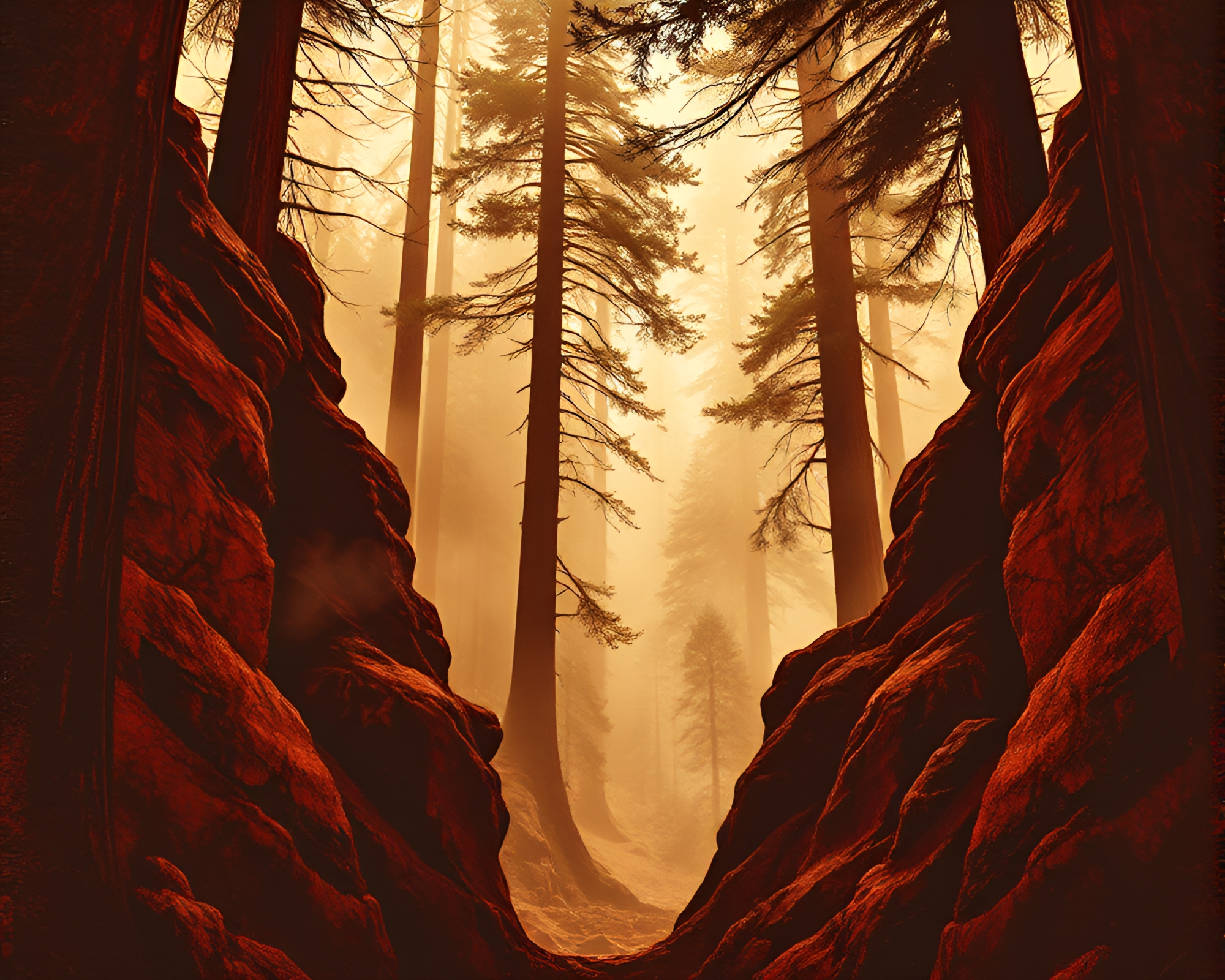 Majestic Redwood Tree in Rusty Canyon Stencil Art – free AI stock image