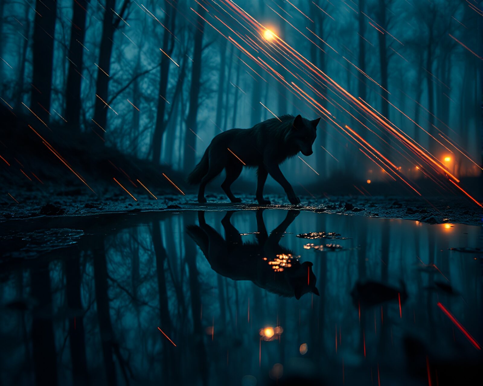 Werewolf silhouette reflected in glitchy puddle with streaks