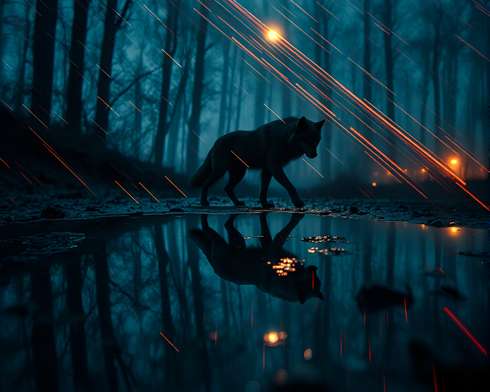 Werewolf Reflection: Glitch Art Puddle – free AI stock image