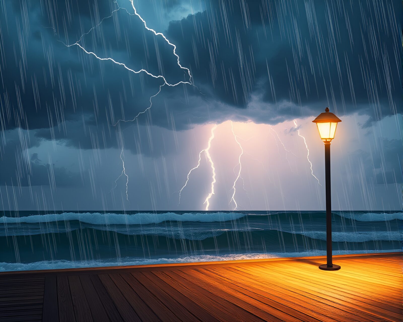 Dynamic angle of a thunderstorm over the ocean with warm porchlight glow