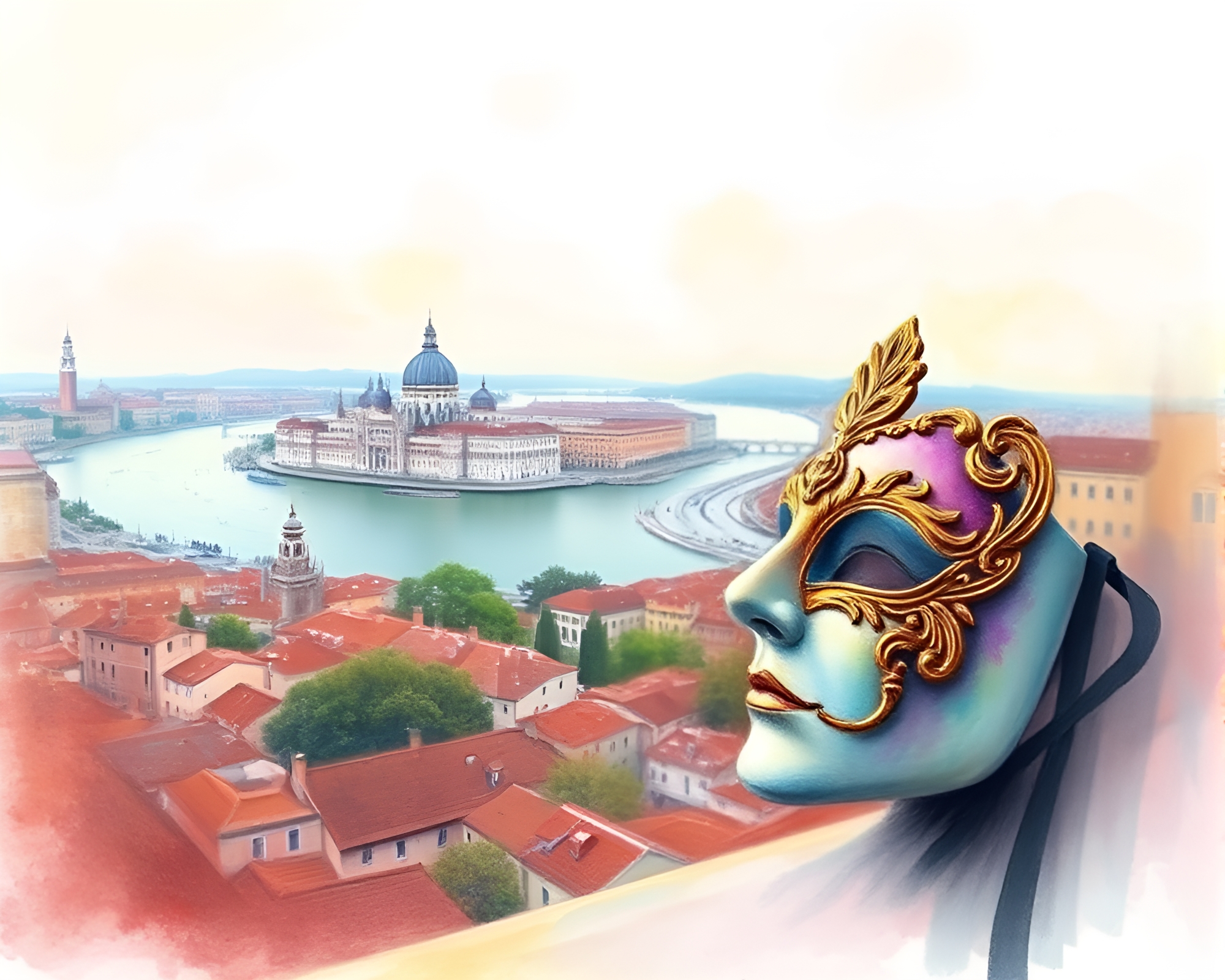 Panoramic Venetian Mask Portrait in Soft Pastels – free AI stock image