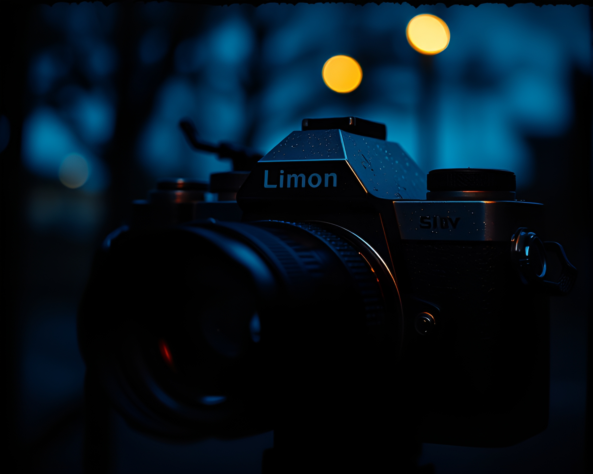 Camera Lens Surrounded by Linocut Textures at Blue Hour – free AI stock image