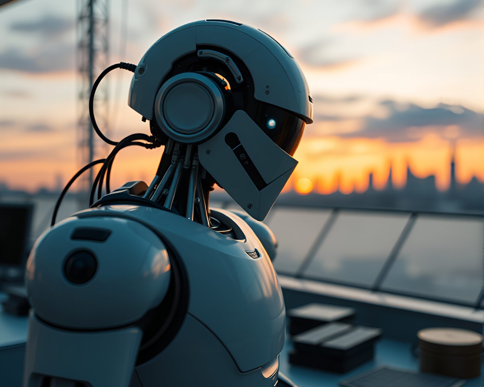 Close-up image of robotic lab equipment under vibrant sunset