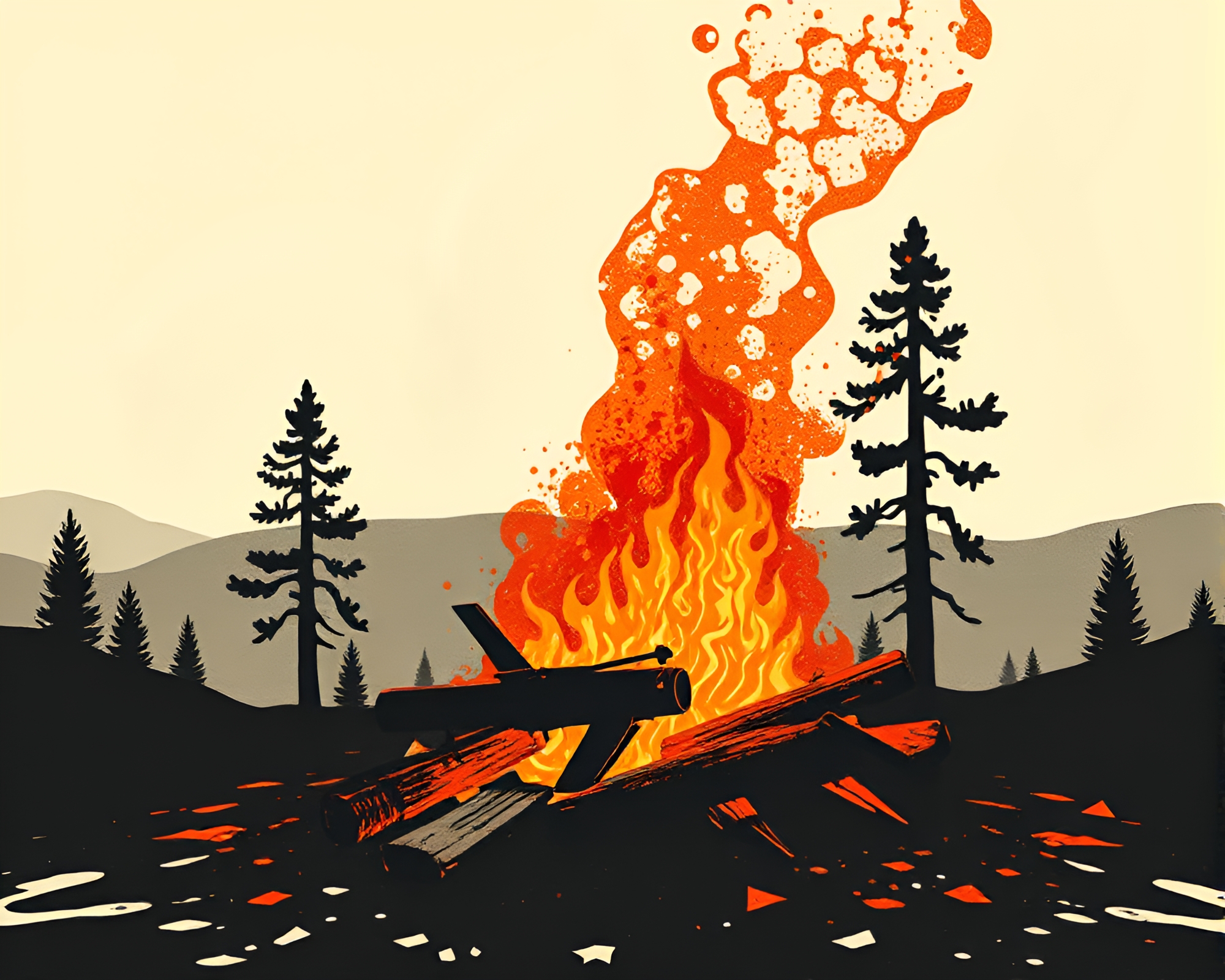 Bonfire augmented reality linocut print – free AI stock image