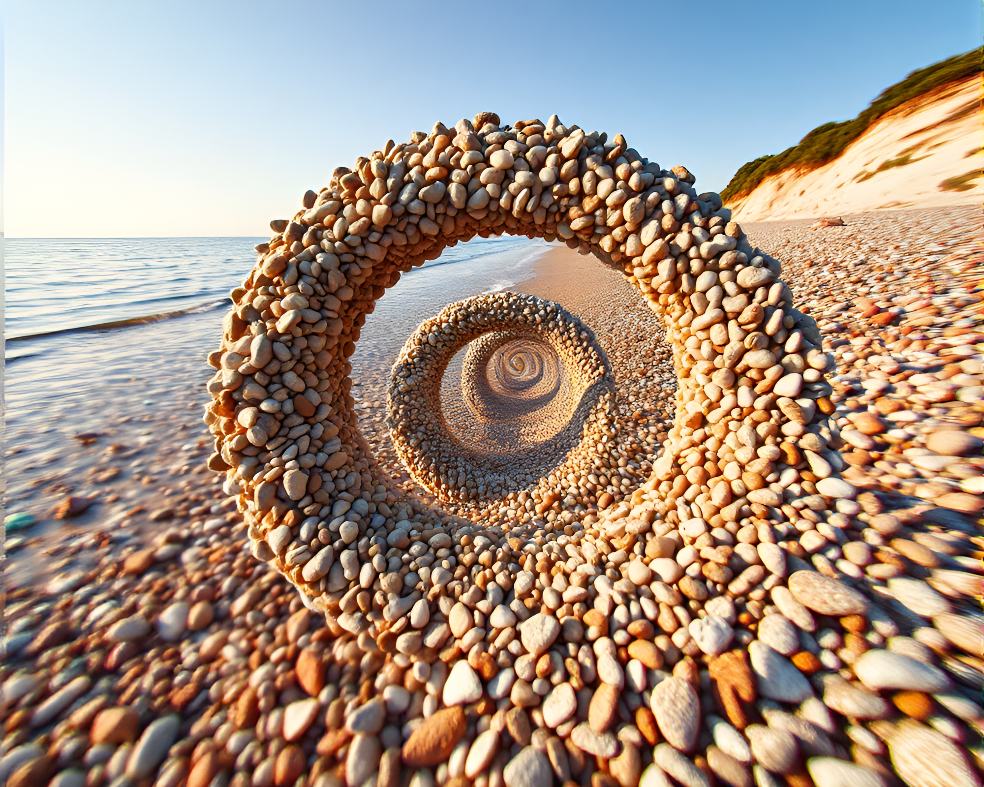 Fibonacci Spiral on Glitch Pebble Beach – free AI stock image