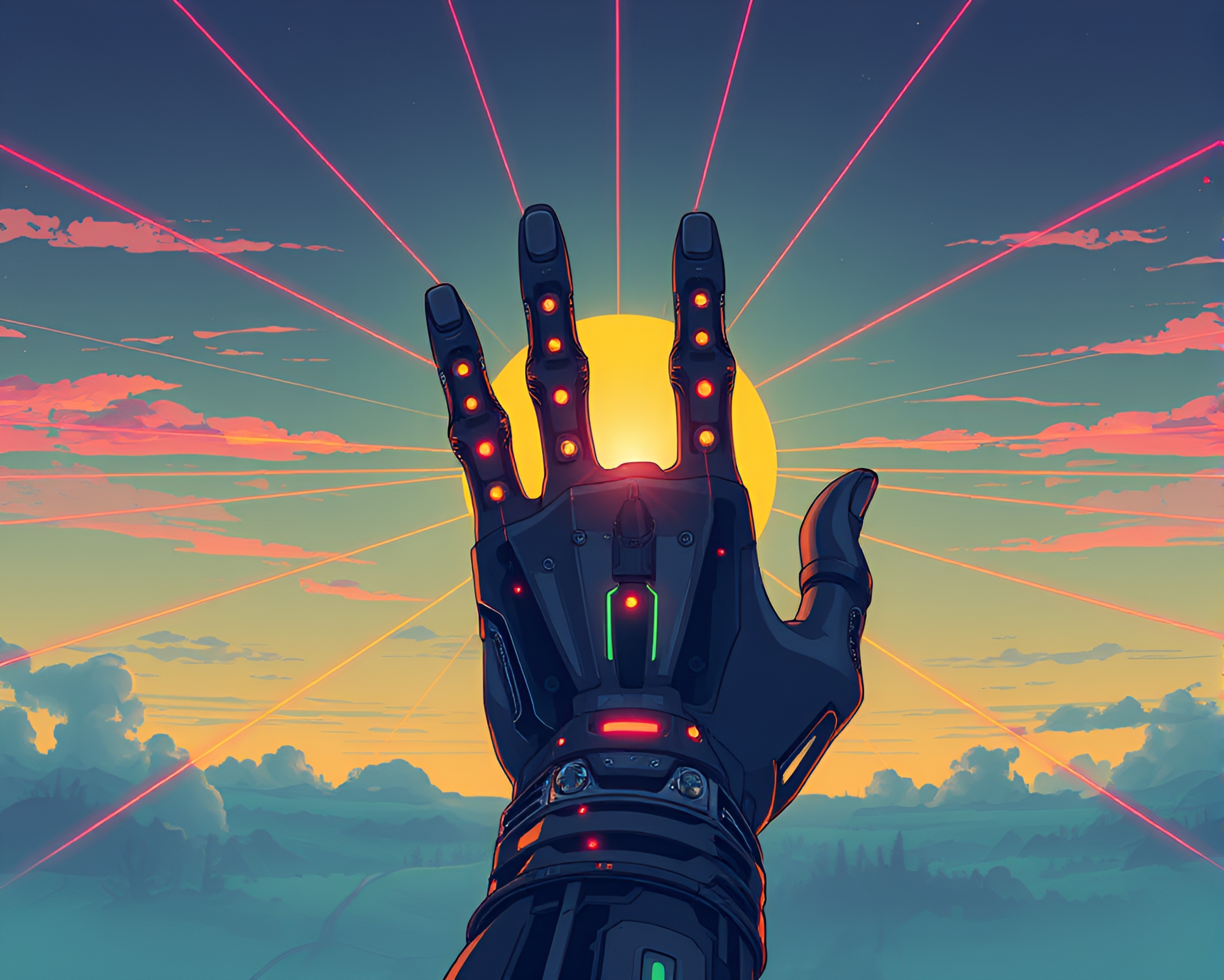 Cybernetic Hand Emits Laser Beams at Sunrise – free AI stock image