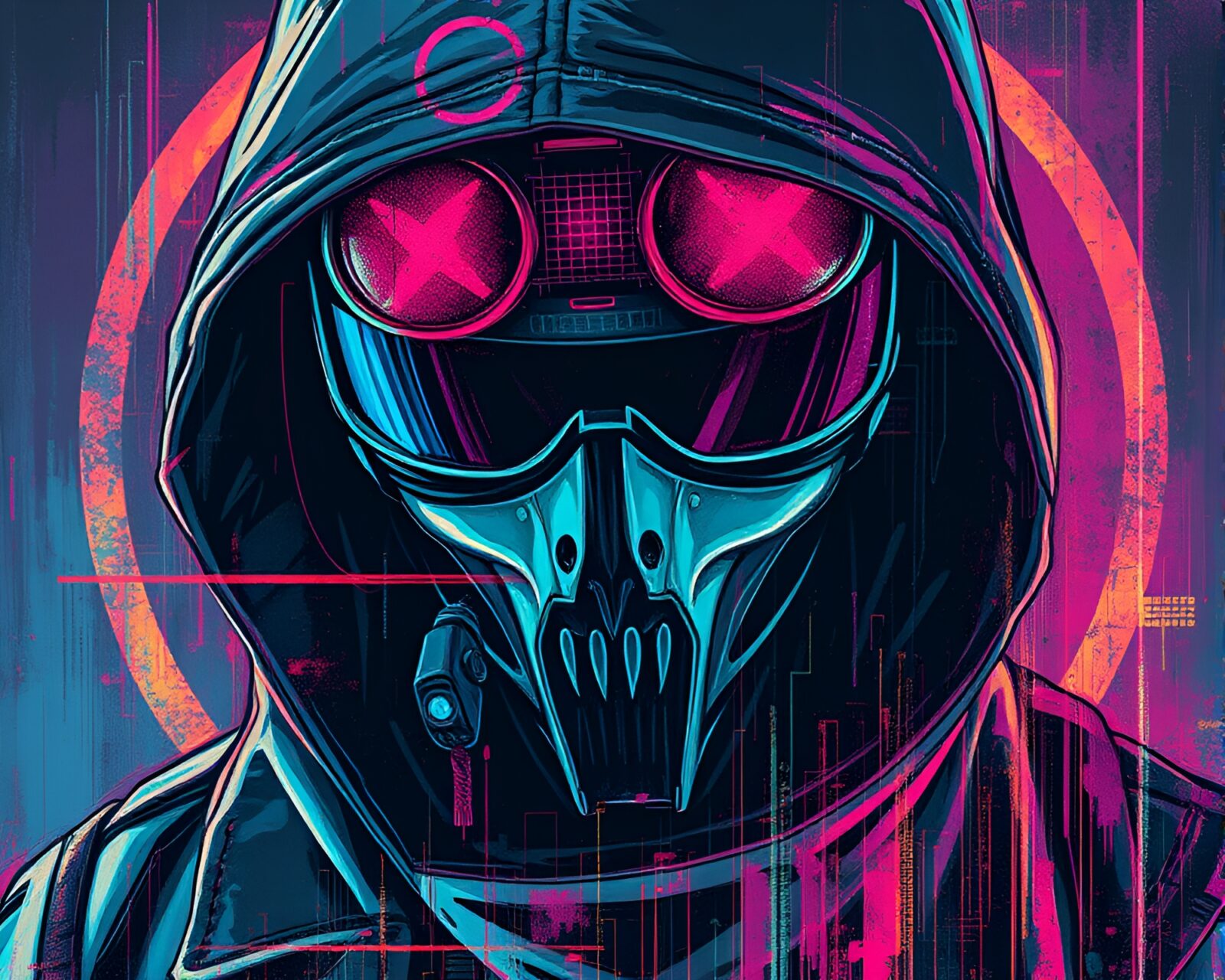 Vibrant, glitchy cyberpunk vigilante chalk drawing in duochrome colors