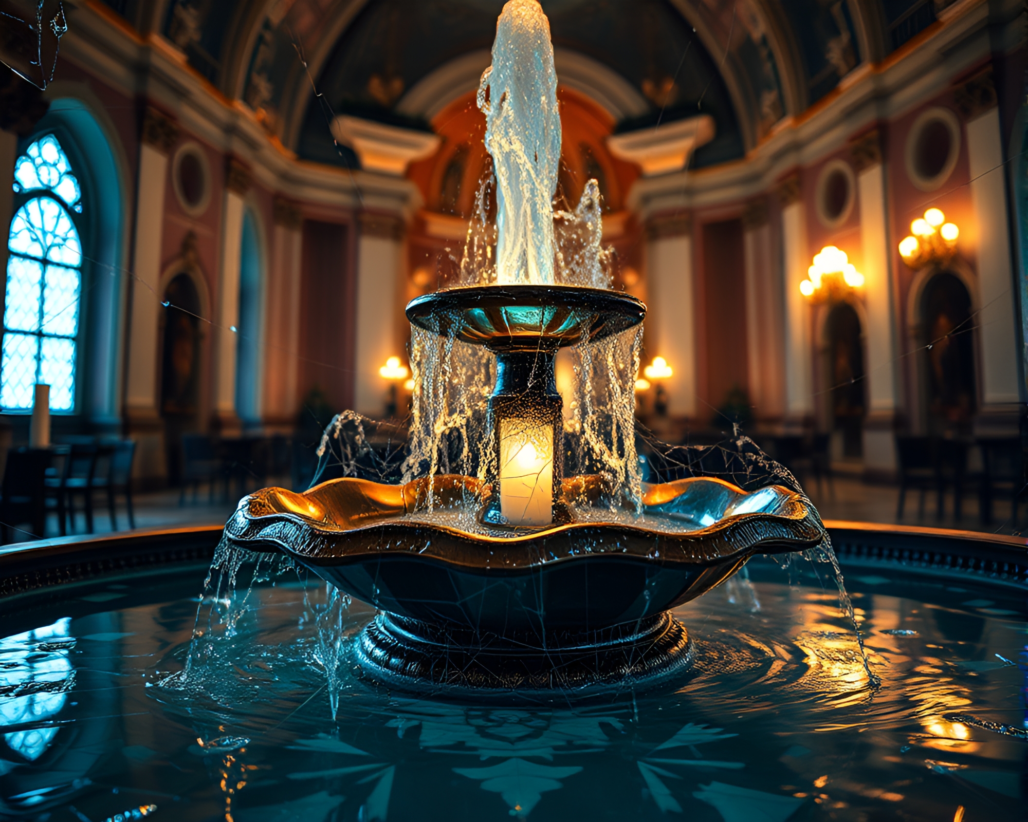 Shattered Glass Chocolate Fountain in Candlelit Church Scene – free AI stock image