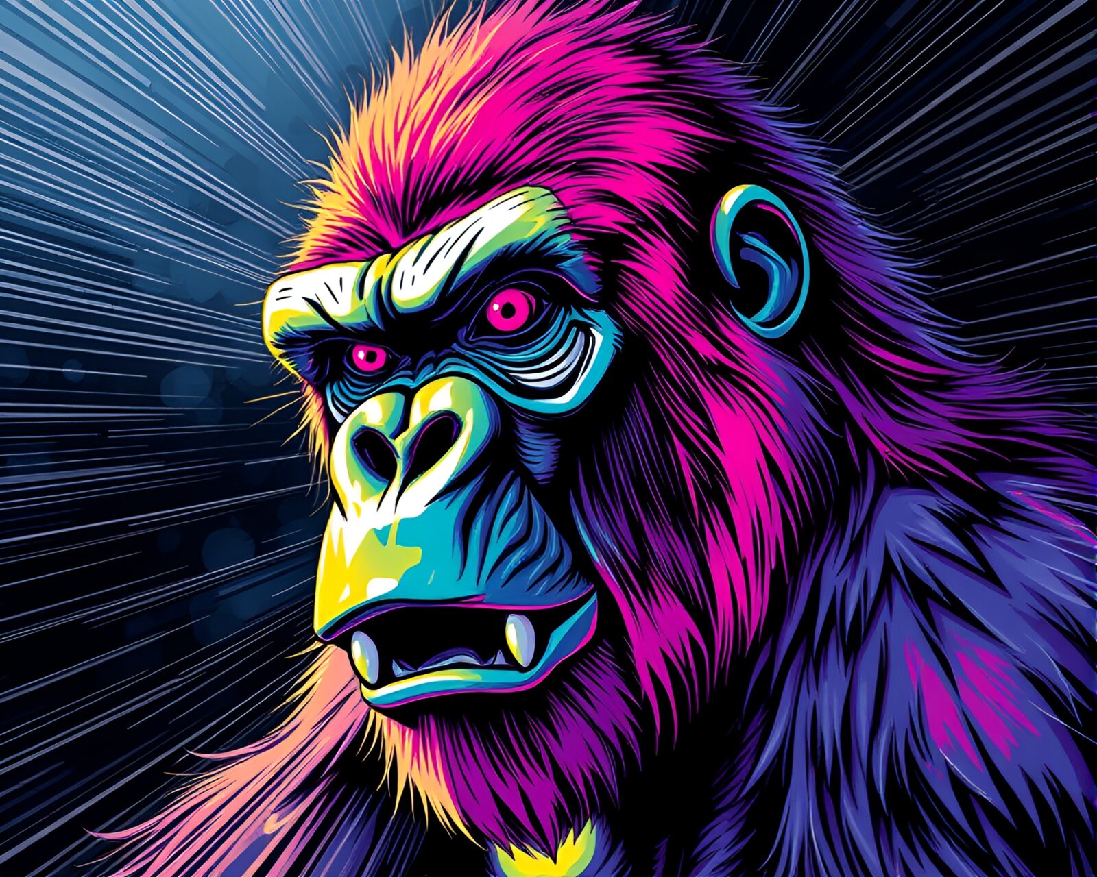 Manga style gorilla seen through distorted glass with vibrant colors