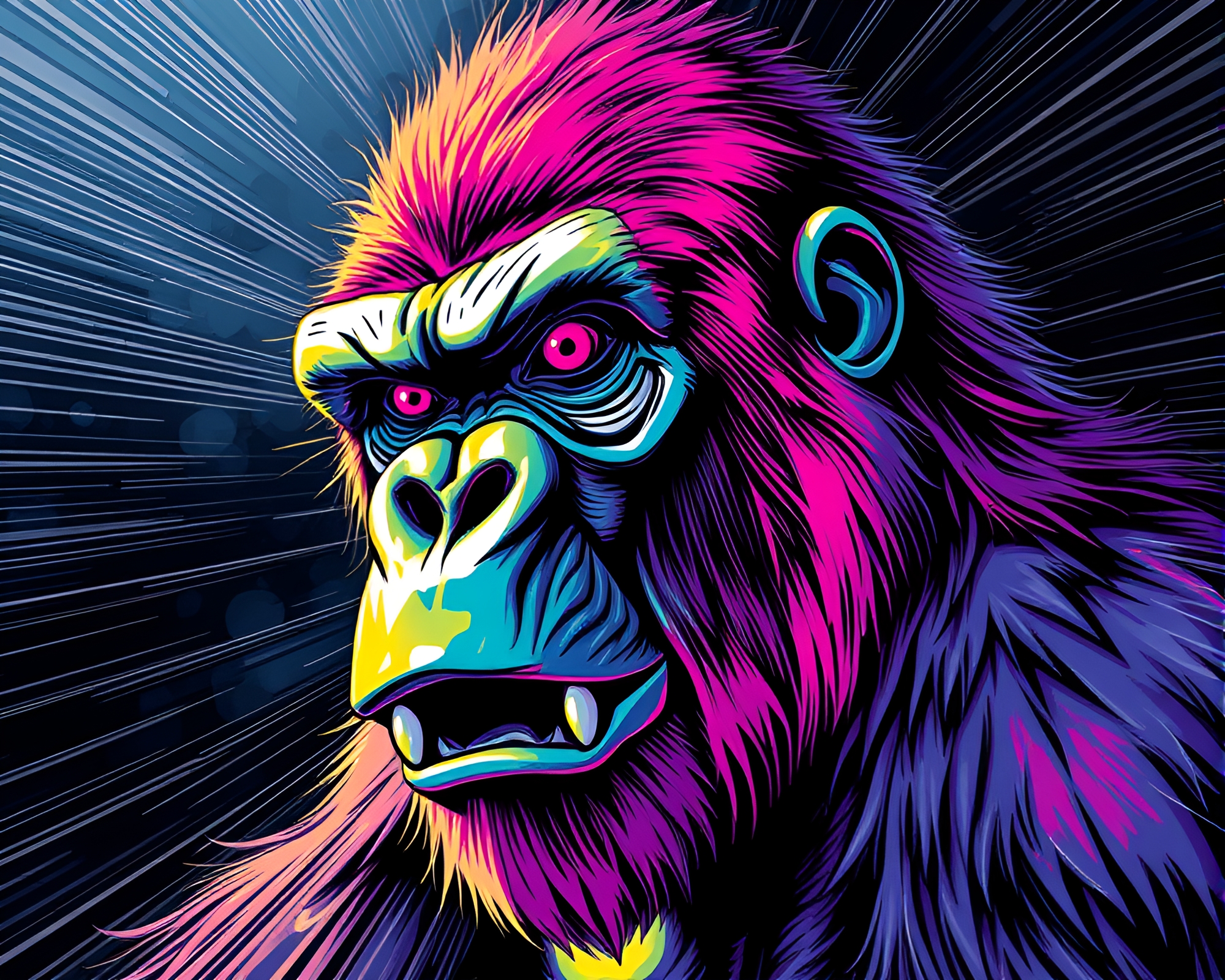 Distorted Glass Manga Gorilla with Starburst Colors – free AI stock image