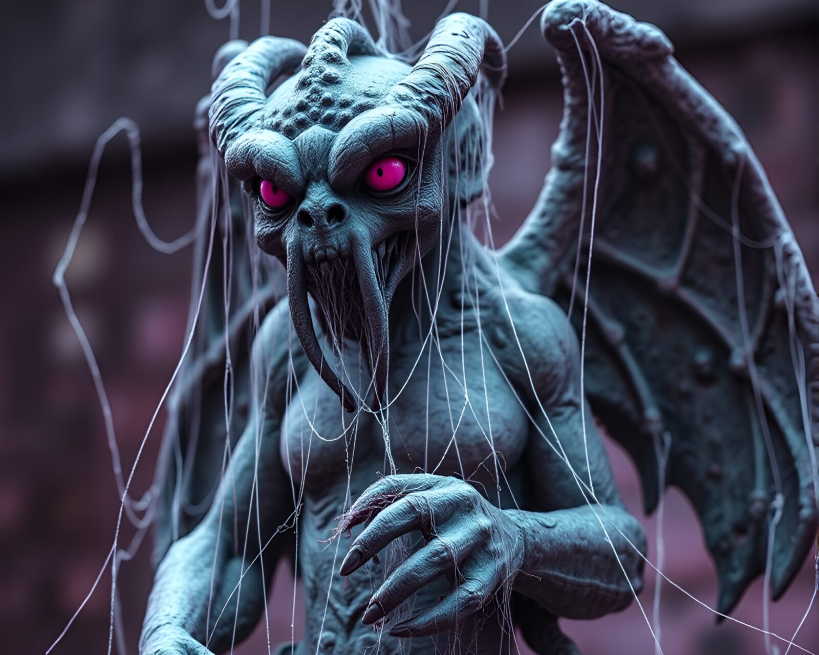 Eerie gargoyle statue surrounded by magenta cobwebs in duochrome