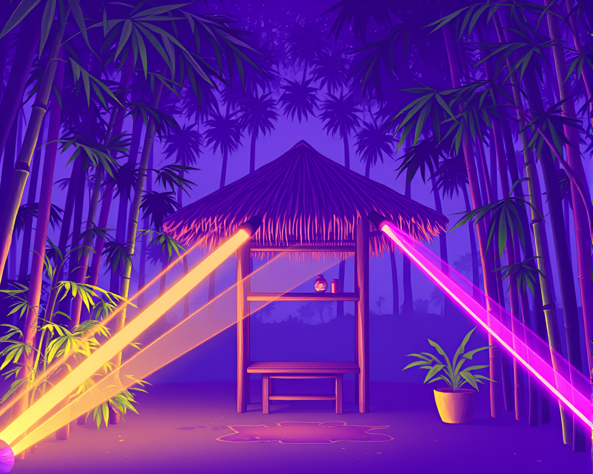Bamboo Hut Enveloped in Amethyst Laser Beams – free AI stock image