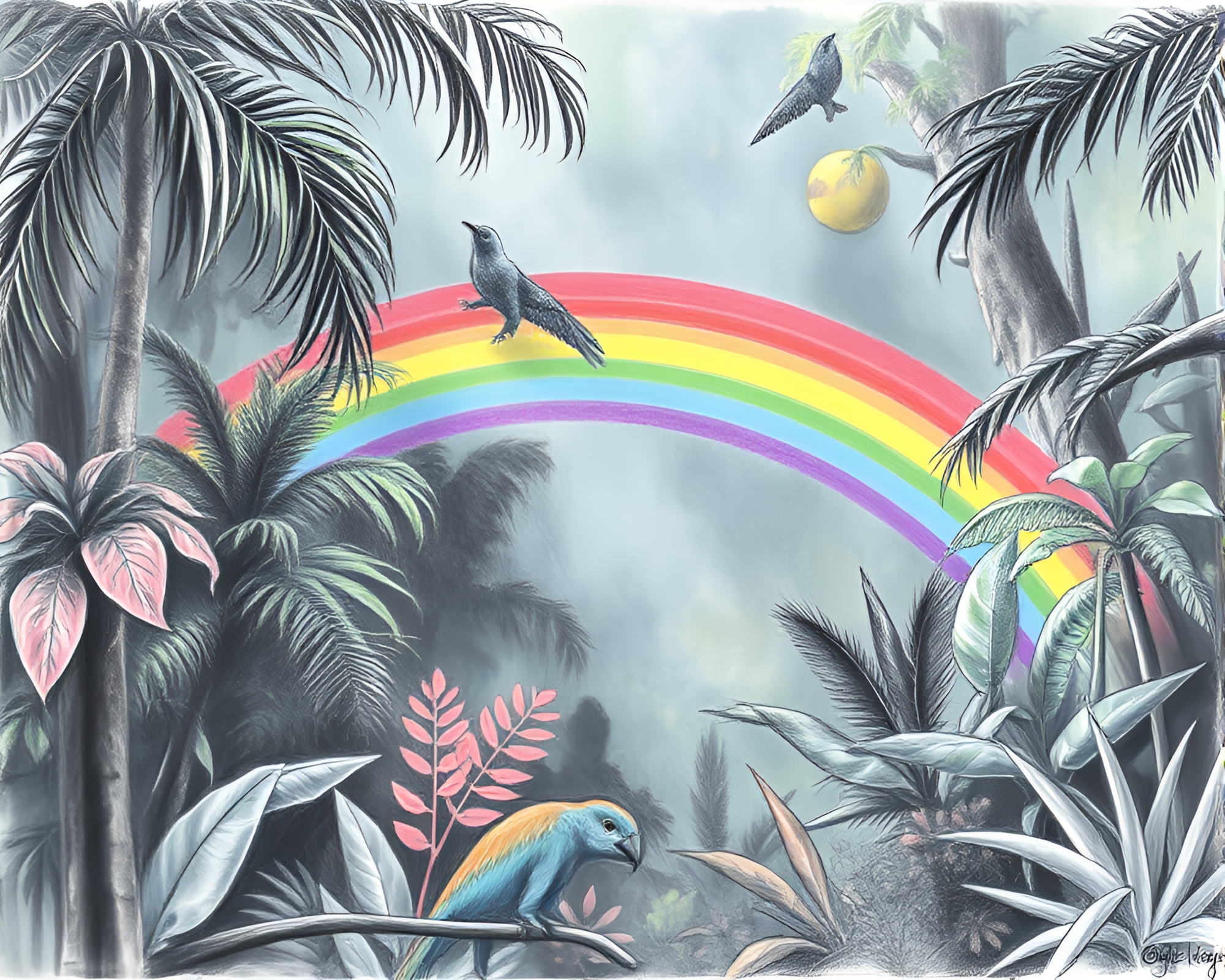 Oil Slick Rainbow Jungle Sketch – free AI stock image