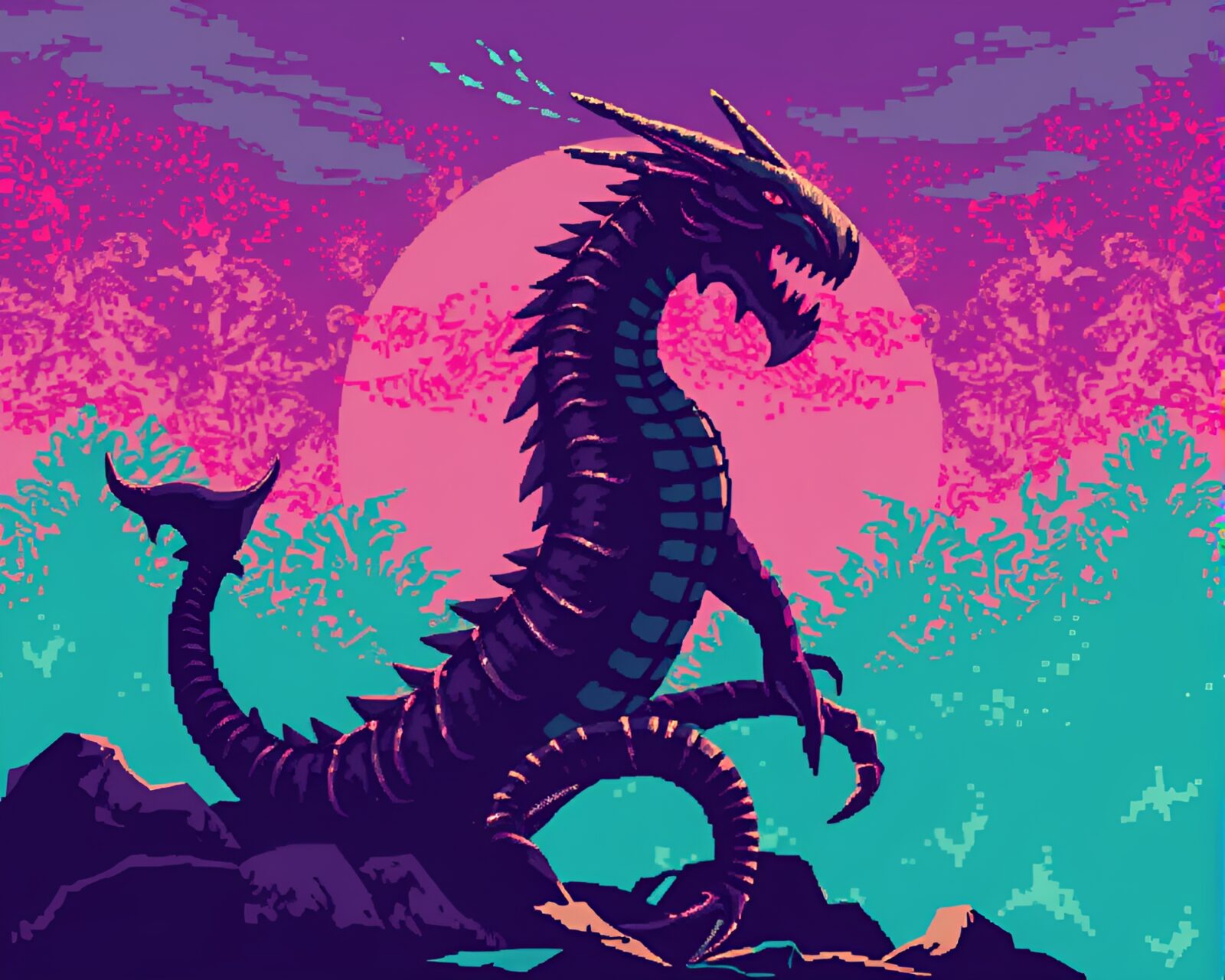 Washed-out colors depict a pixelated hydra in 90s grunge style