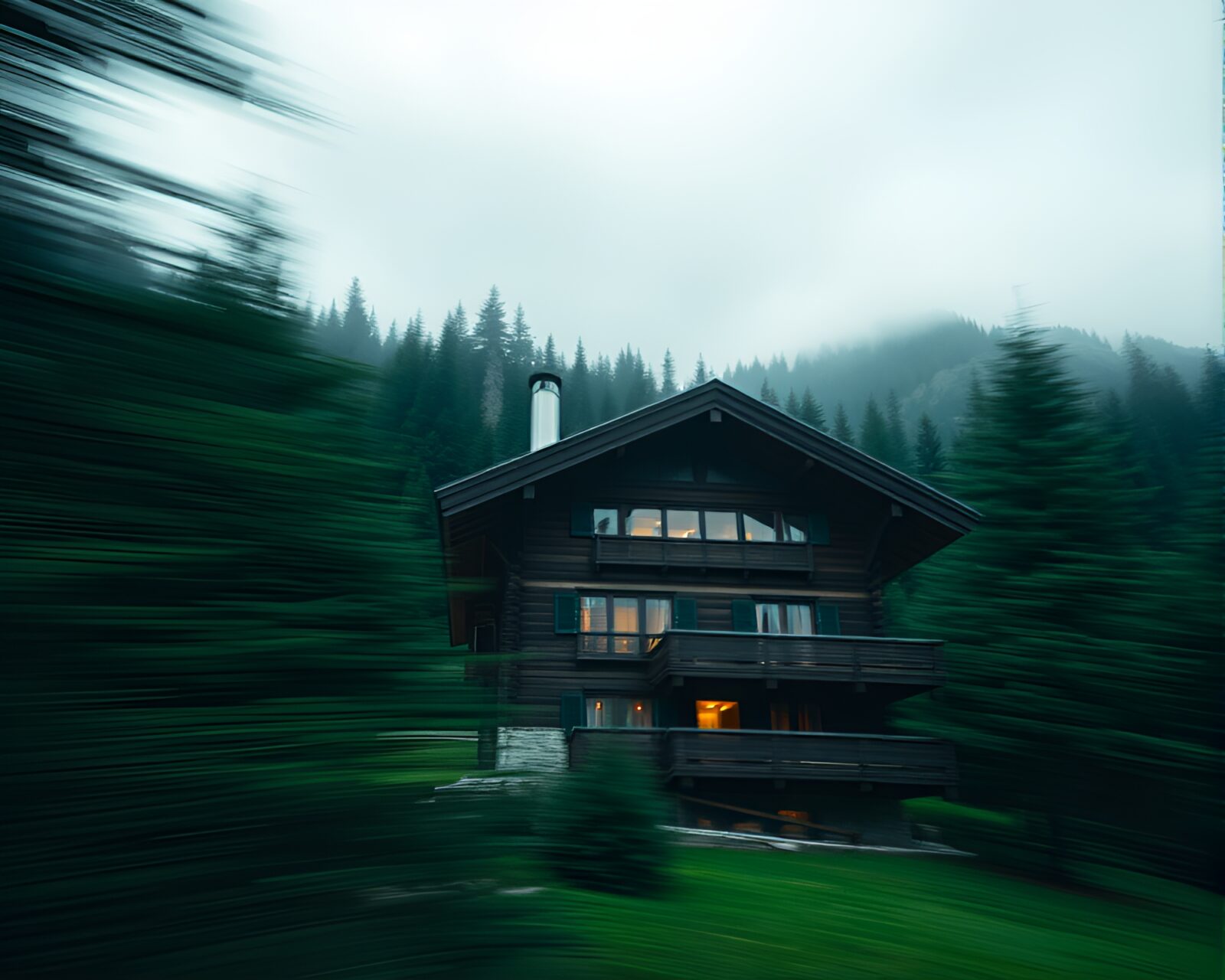 A chalet surrounded by greenery with blurred edges