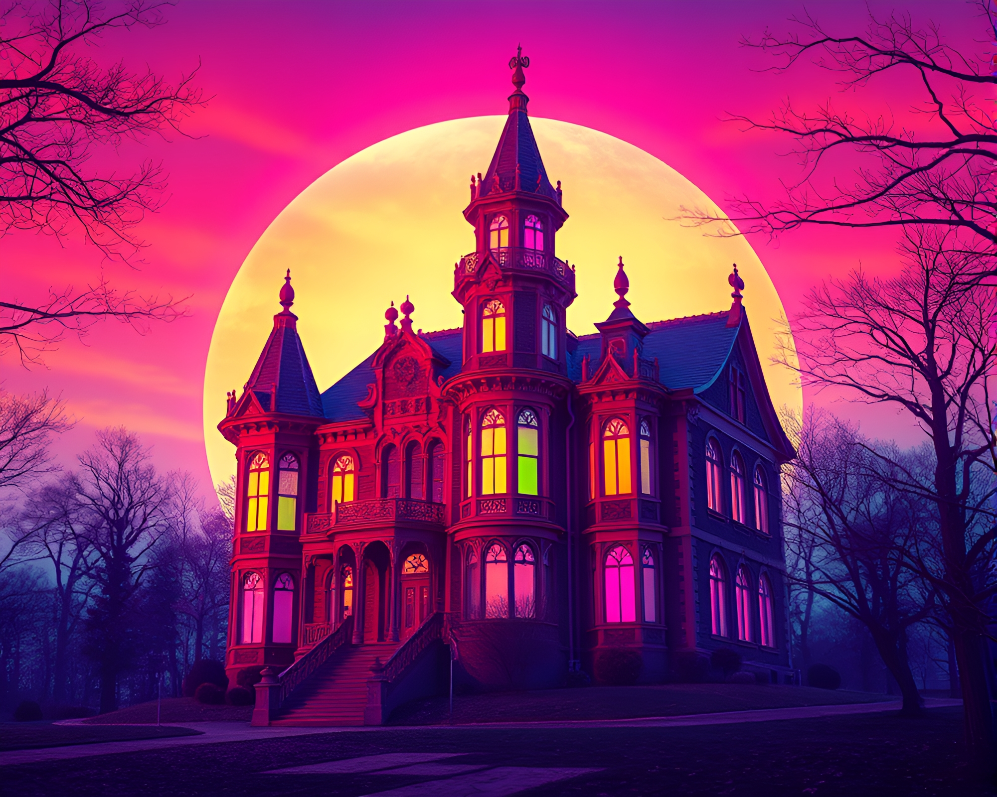 Vaporwave Neo-Gothic Mansion Reflecting Sunset Dye Oil Slick Rainbow – free AI stock image