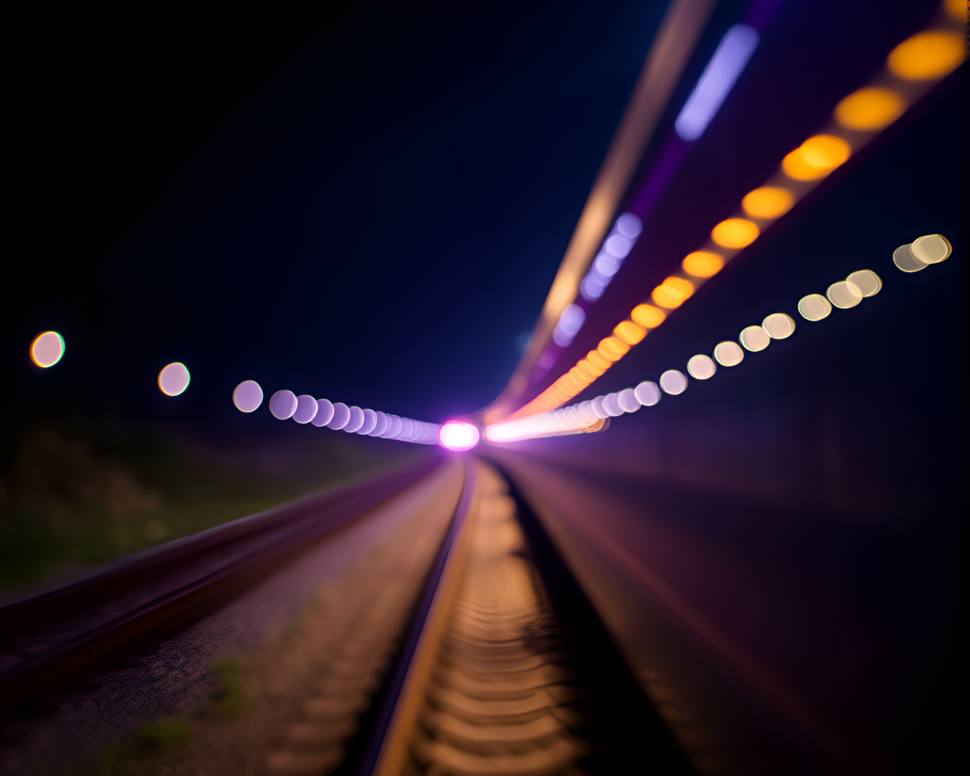 Dimensional Rift Train Light Trails in Amethyst Bokeh – free AI stock image