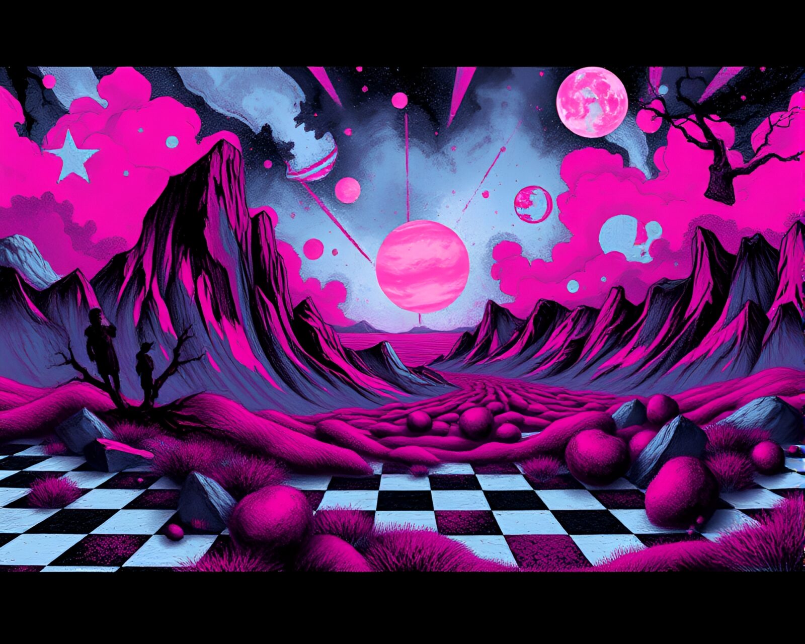 Magenta-hued landscape with eerie cosmic checkered skies