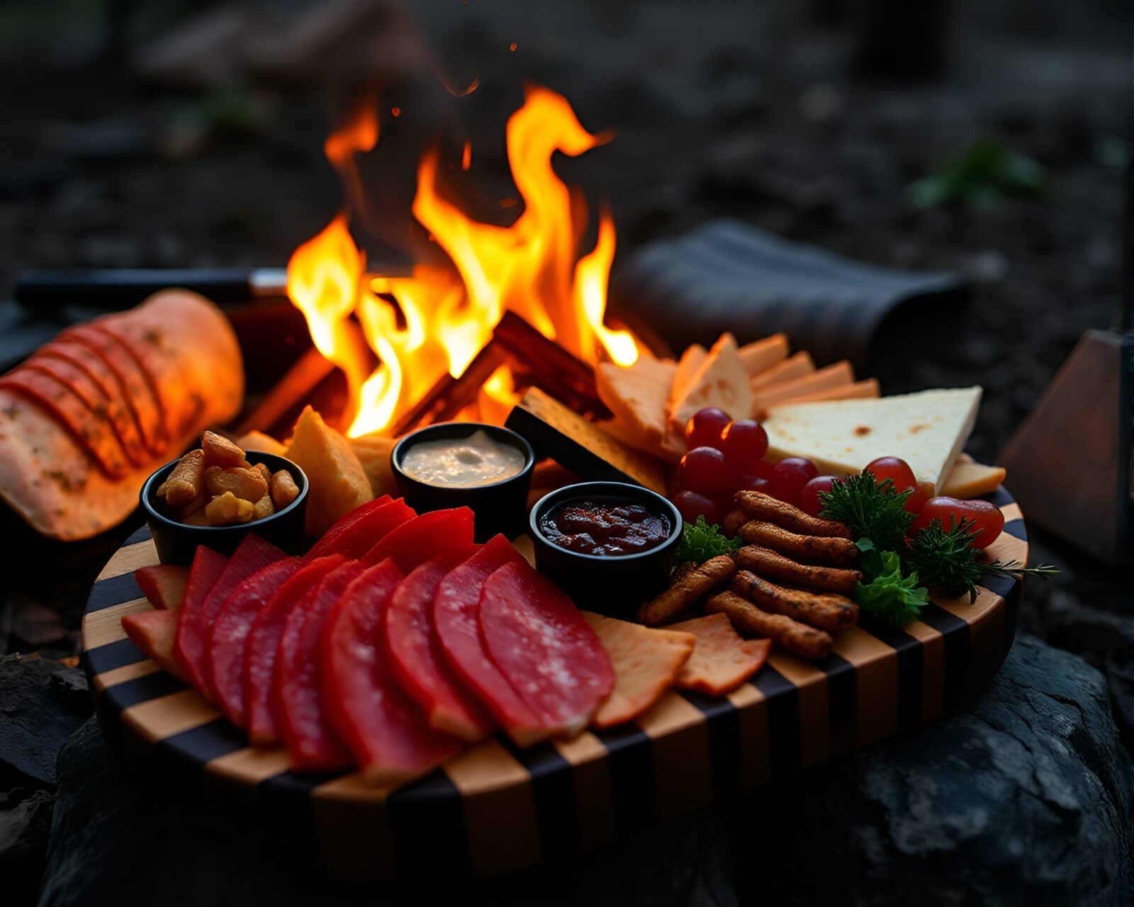 Cubist-style charcuterie board illuminated by bonfire light and barcode stripe
