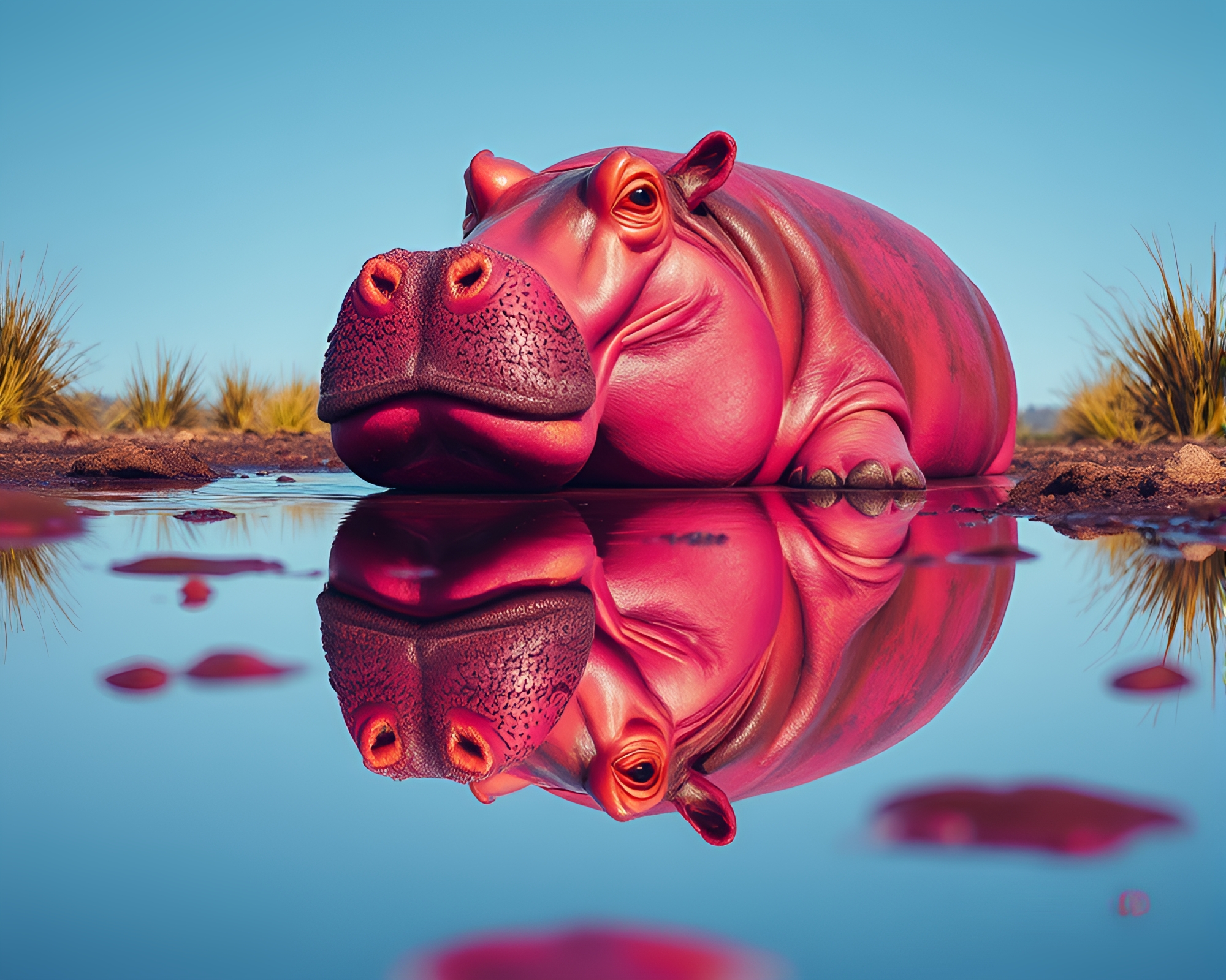 Magenta Punch Hippopotamus Reflection in 90s Grunge Style – free AI stock image