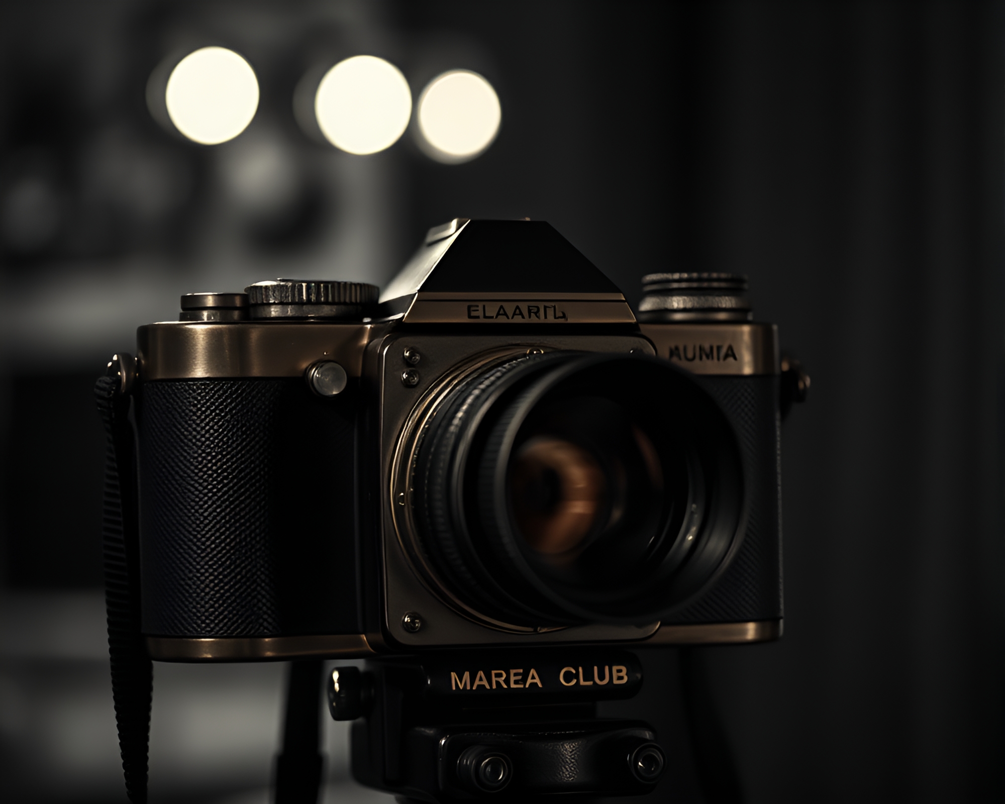 Bronze Patina Camera in Monochrome Strobe Lights – free AI stock image
