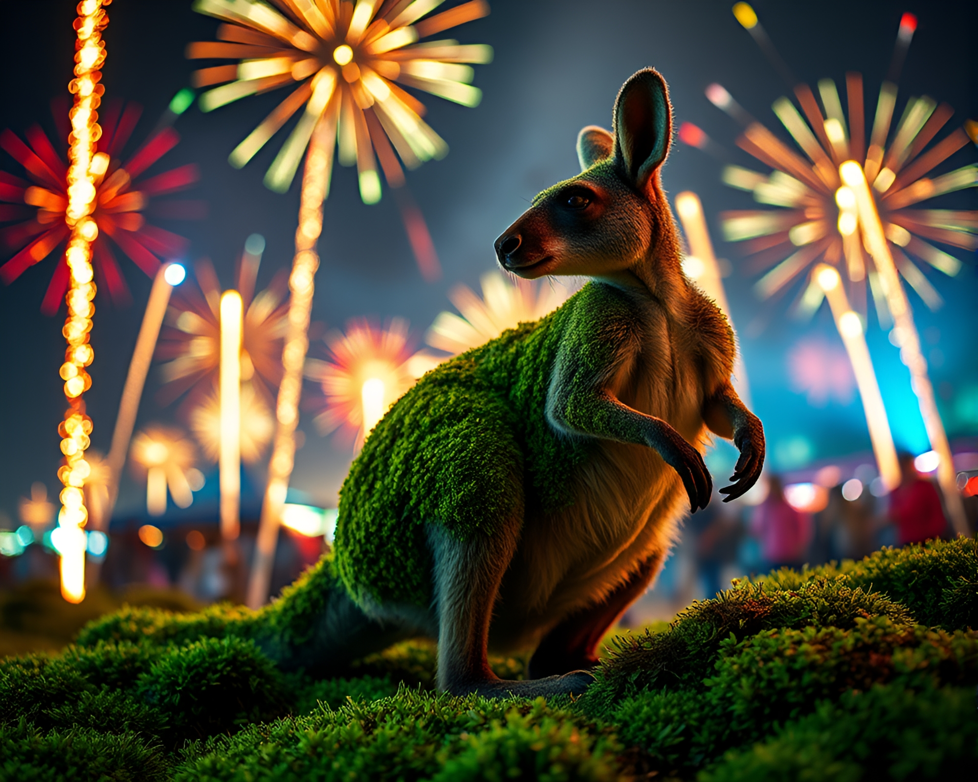 Neon Kangaroo at Moss Festival with Fireworks Glow – free AI stock image