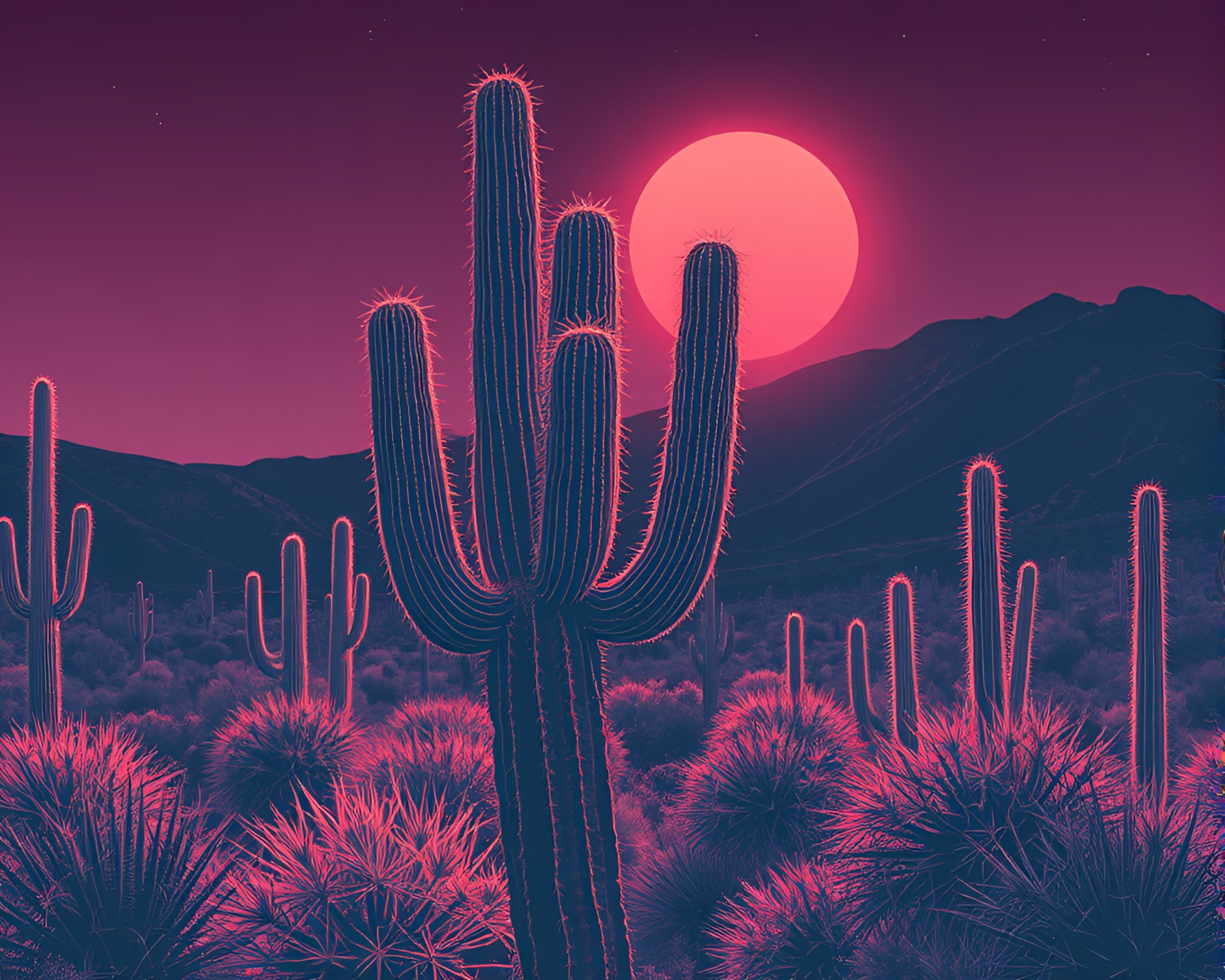 Synthwave Desert Cactus Etching Lines Composition – free AI stock image