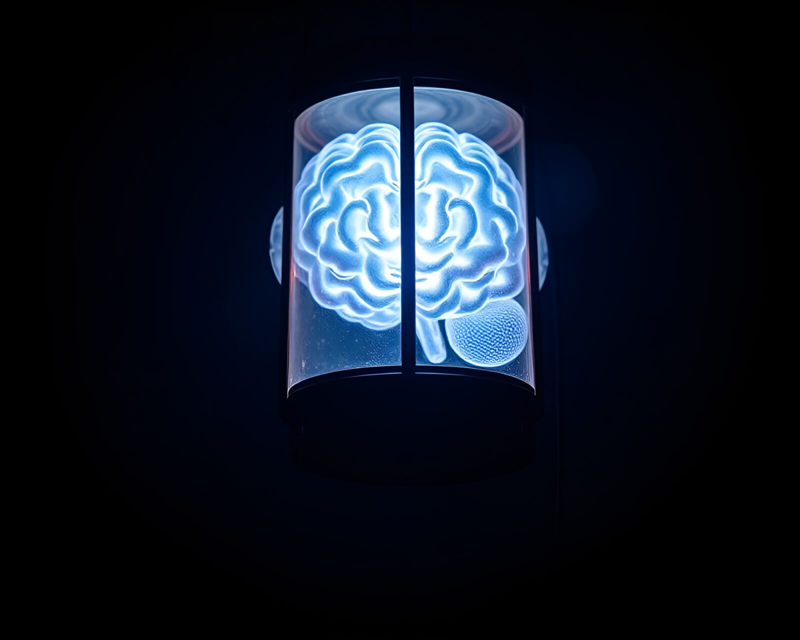 Futuristic AI brain glowing in gentle lantern and softbox light